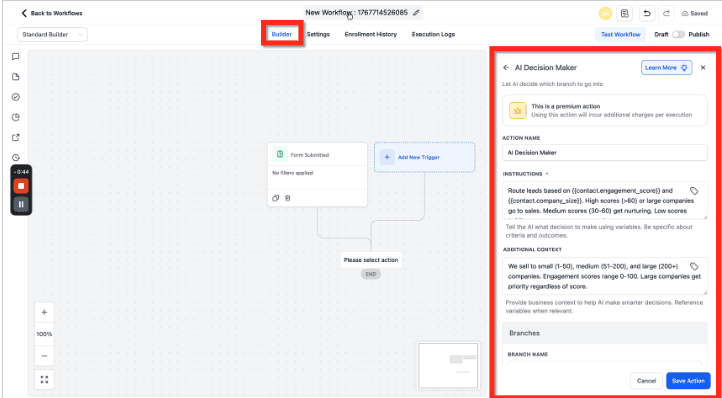Schermata 2 — Azione Workflow - AI Decision Maker