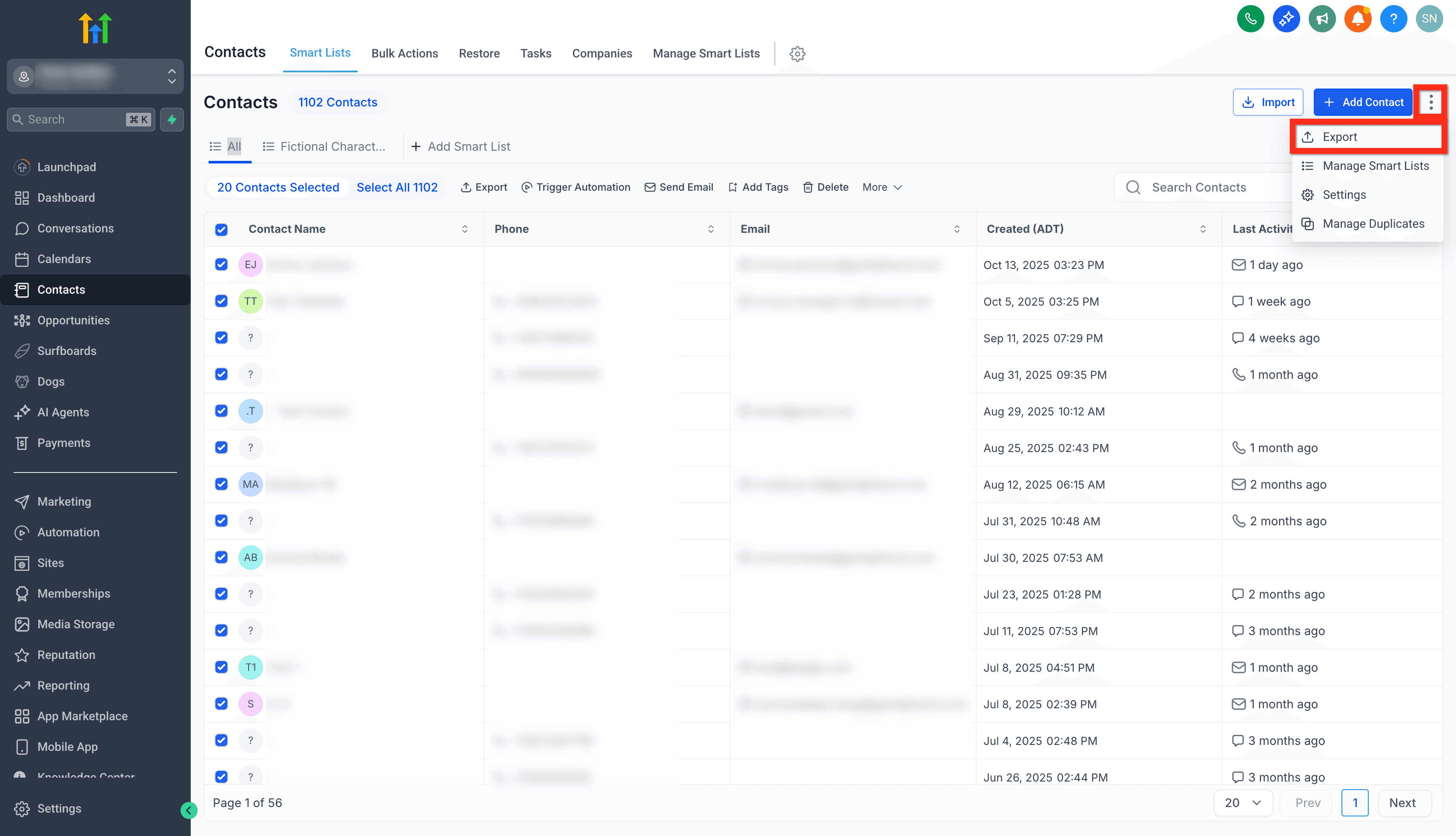 Schermata 6 — Contatti - Aggiornamento Esportazione CSV