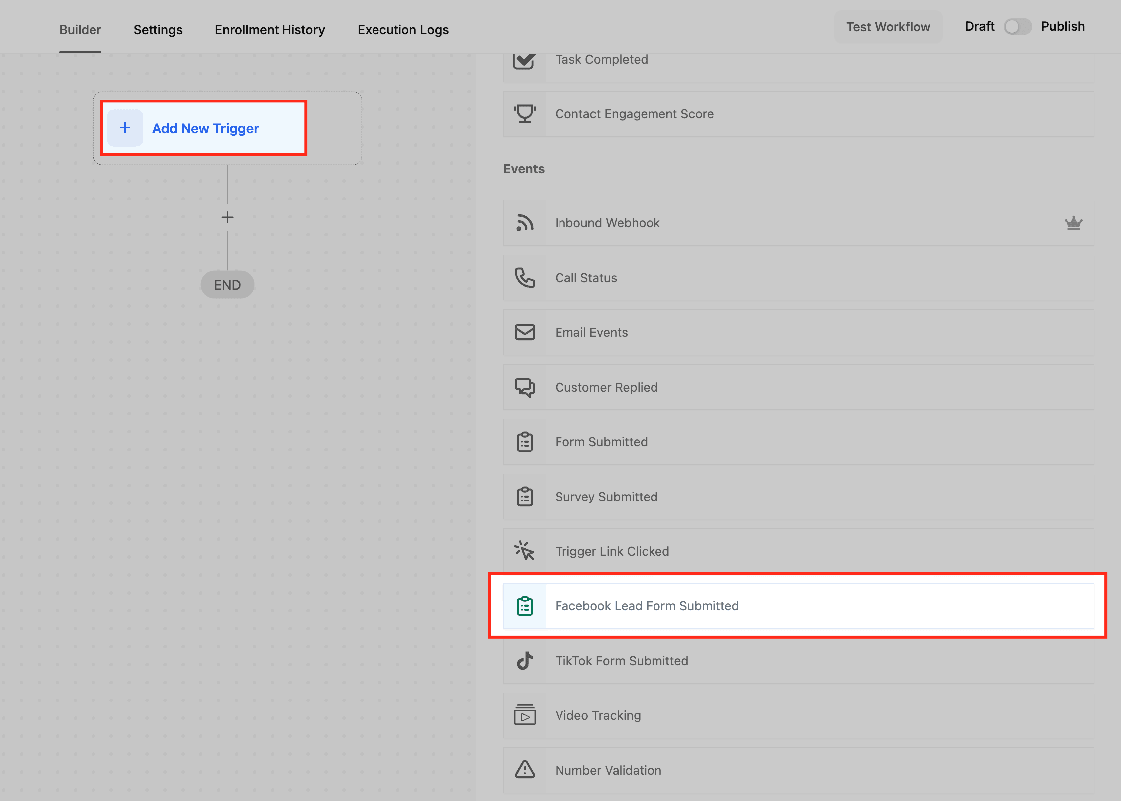 Schermata 2 — Workflow Trigger - Facebook Lead Form Submitted