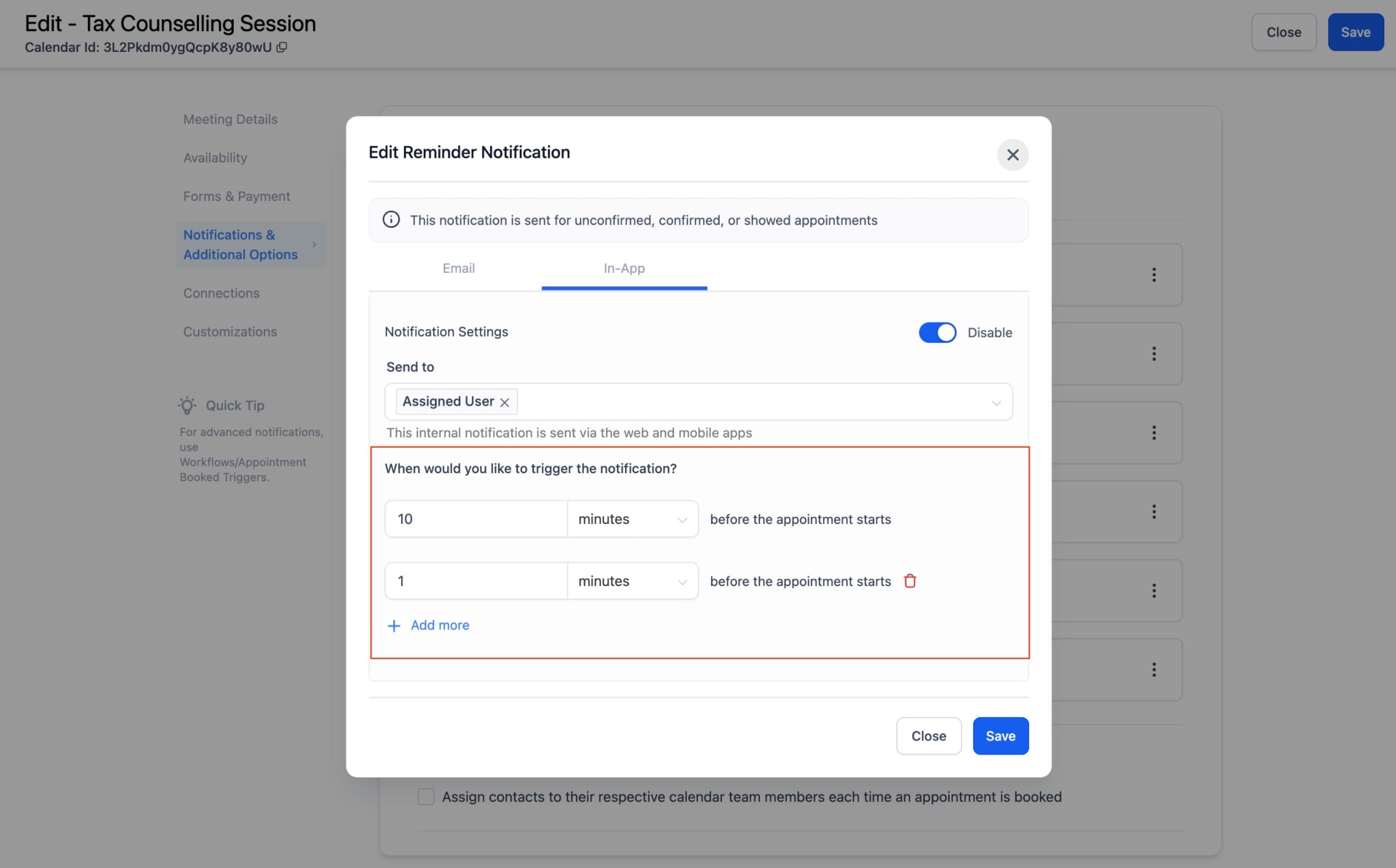 Schermata 10 — Calendario: Notifiche Appuntamenti via Email, In-App, SMS e WhatsApp