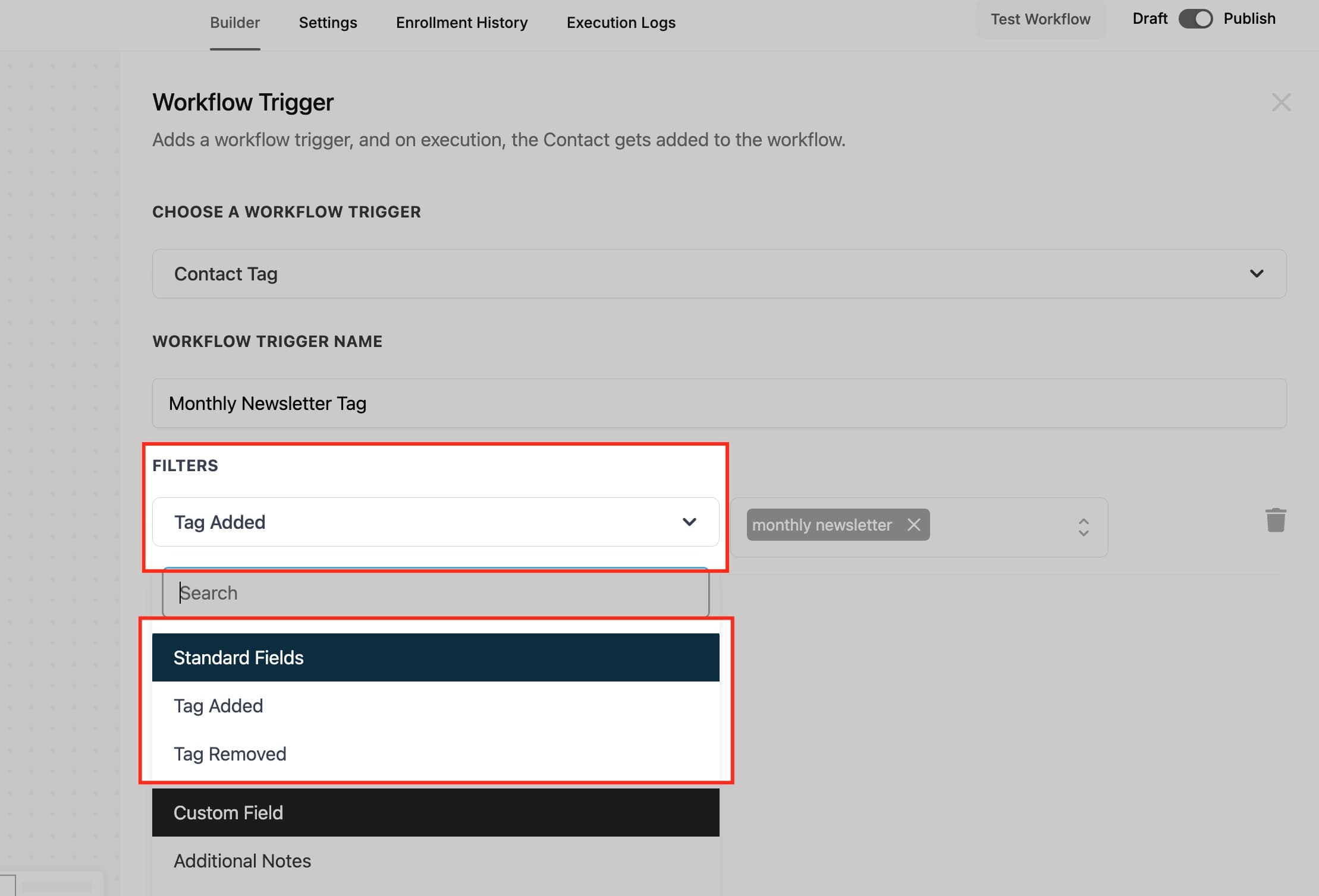 Schermata 5 — Workflow Trigger - Contact Tag