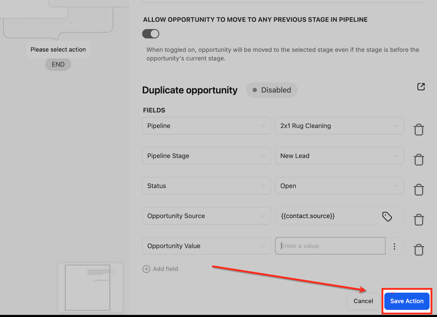 Schermata 14 — Azione Workflow - Aggiorna Opportunità