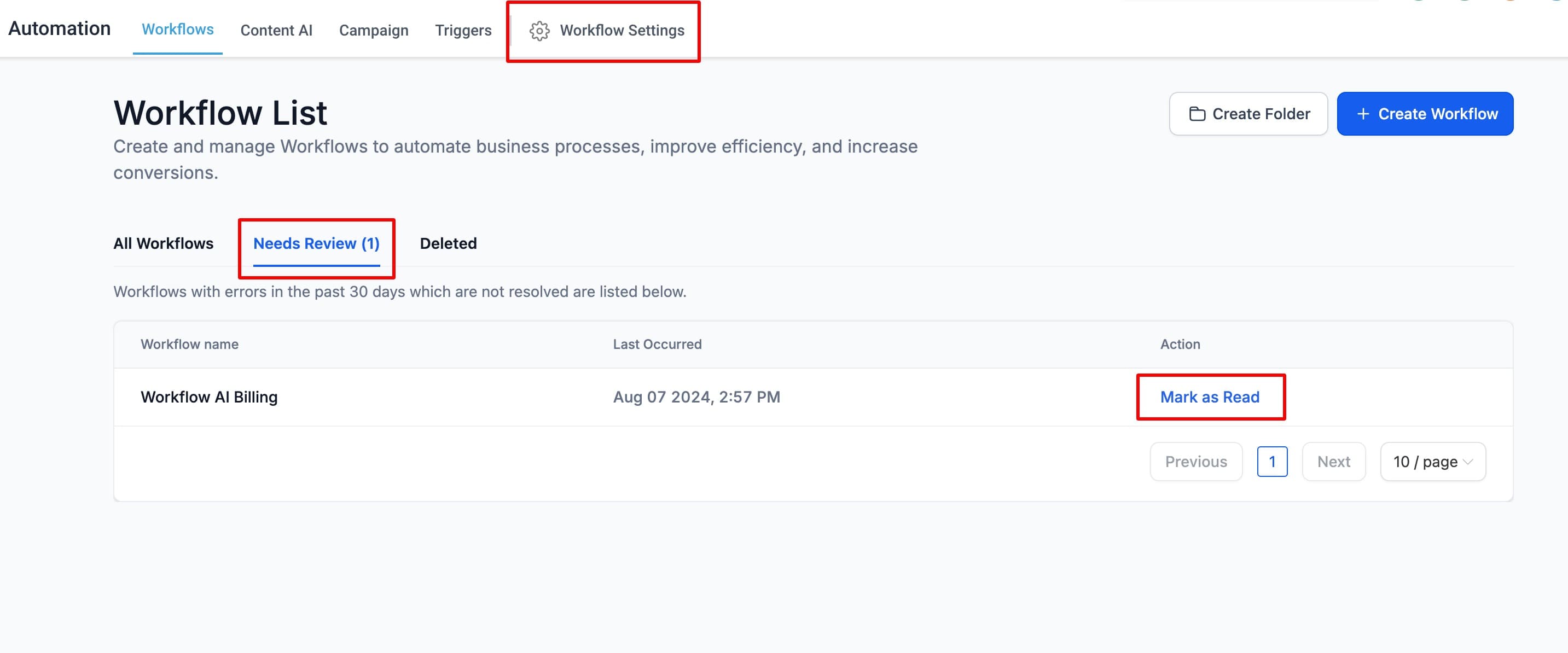 Lista Workflow - pagina