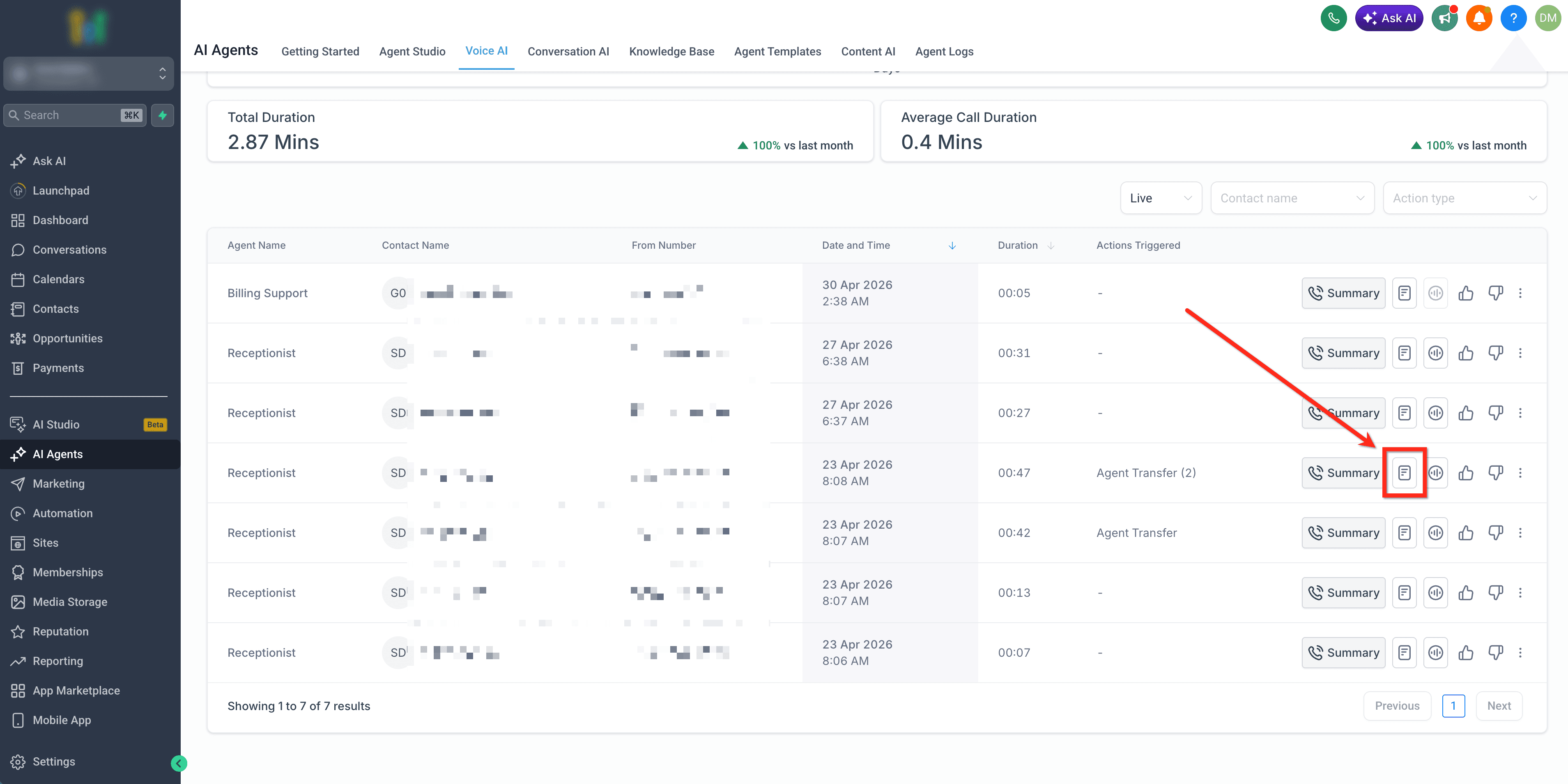 Schermata 6 — Voice AI: Trasferimento tra Agenti