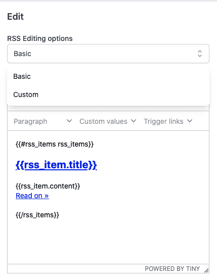 Schermata 4 — Blocchi RSS nell'Email Builder