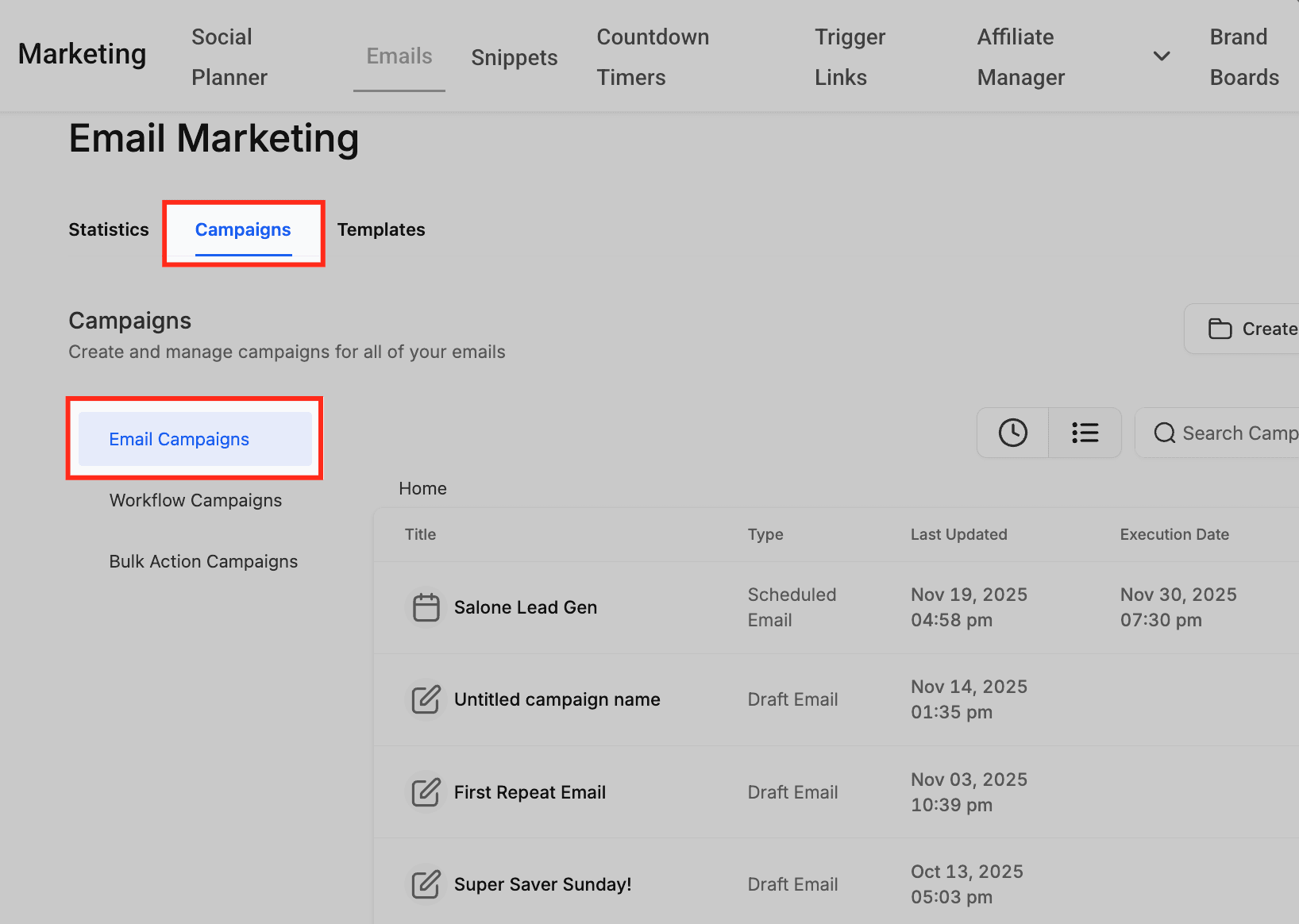Schermata 2 — Come mettere in pausa o annullare una Campaign email pianificata