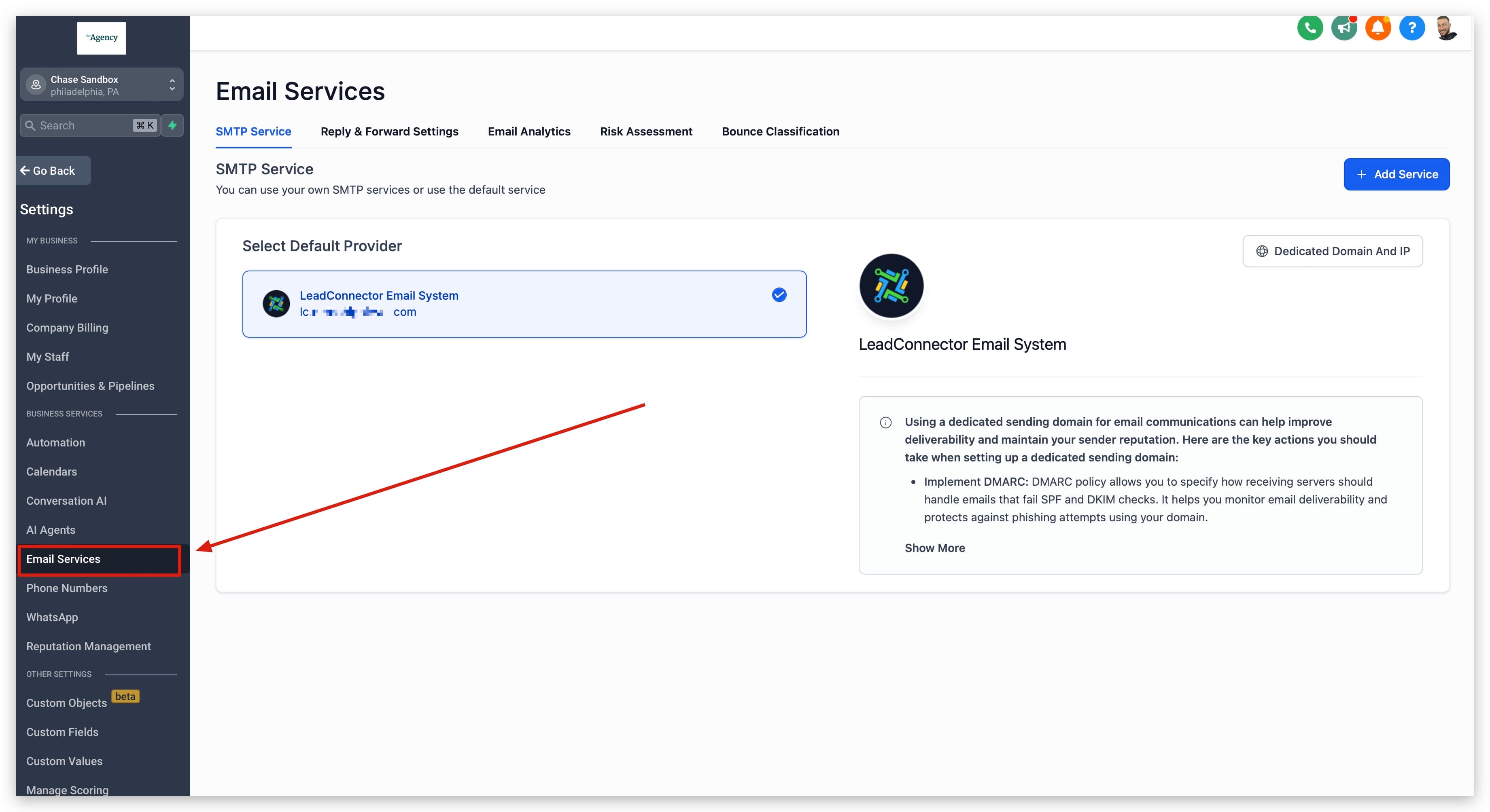 Sezione Email Services nelle impostazioni del sub-account