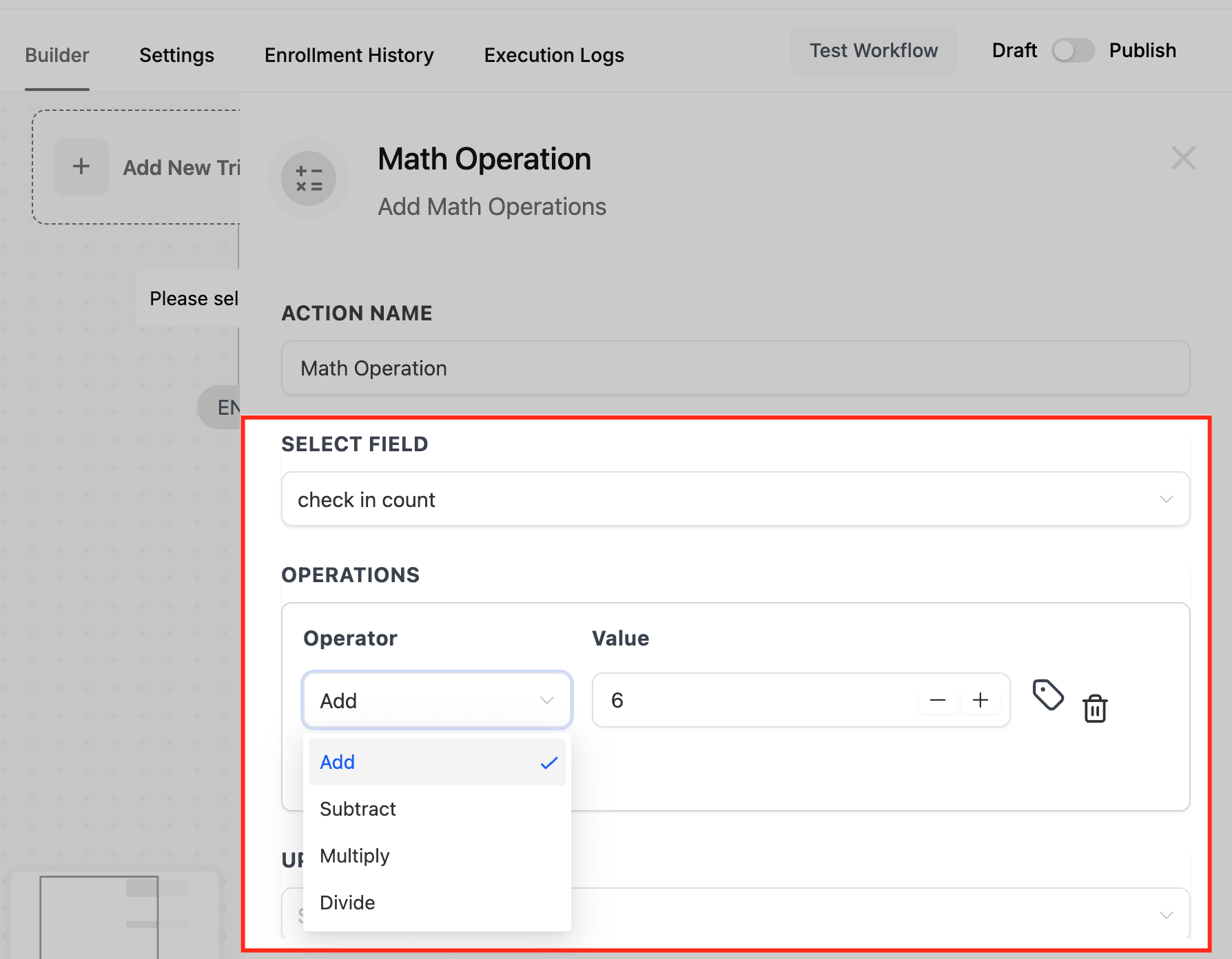 Schermata 6 — Azione Workflow - Operazione Matematica