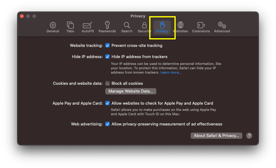 Schermata 1 — Abilitare il Tracciamento Cross-Site (Cookie di Terze Parti)