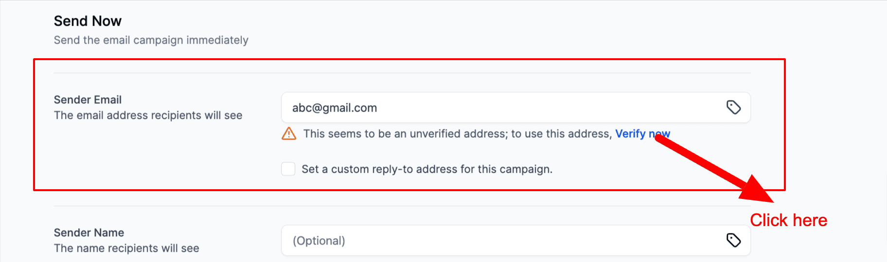 Campo email mittente con il pulsante Verify Now
