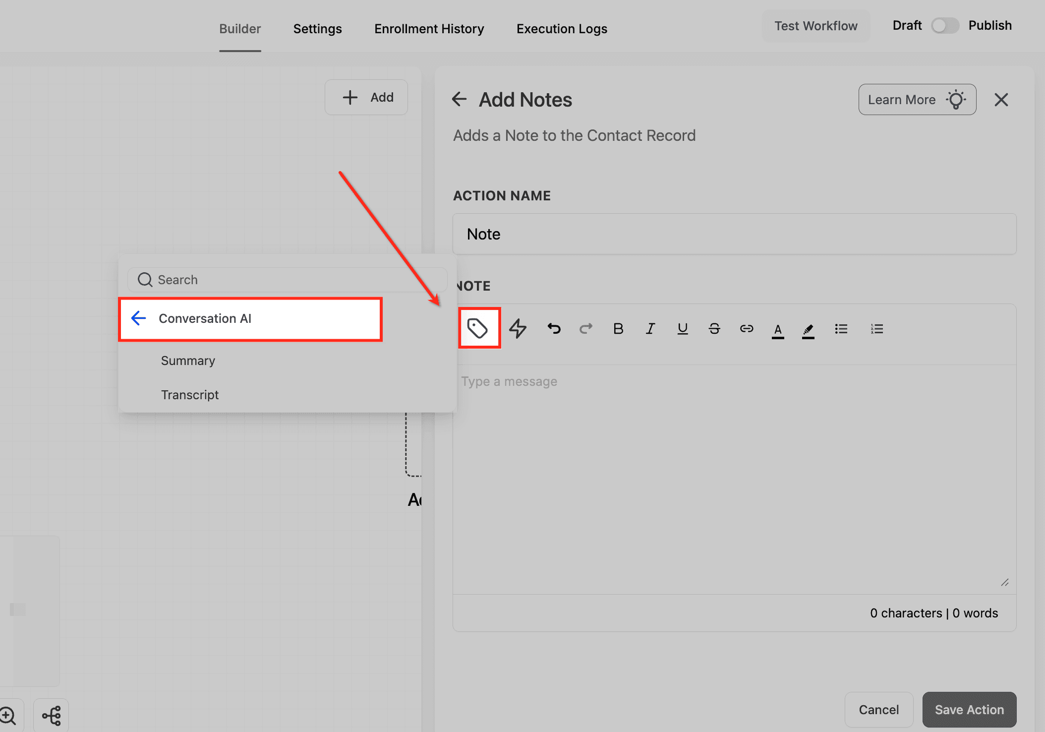 Schermata 4 — Come Generare Riepiloghi e Trascrizioni delle Conversazioni in Conversation AI