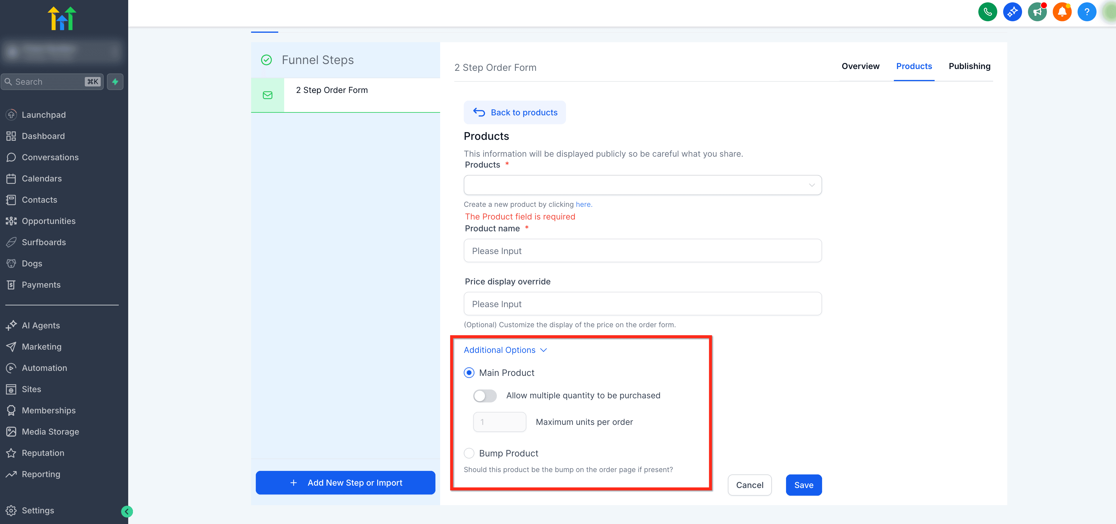 Schermata 10 — Come Aggiungere un Form d'Ordine in Due Passaggi a un Funnel