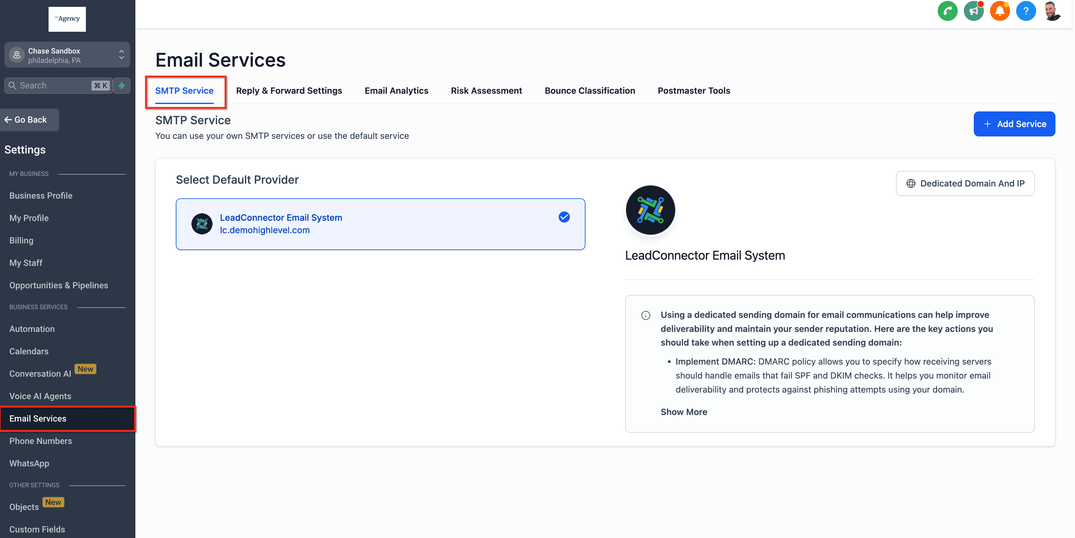 Settings Email Services