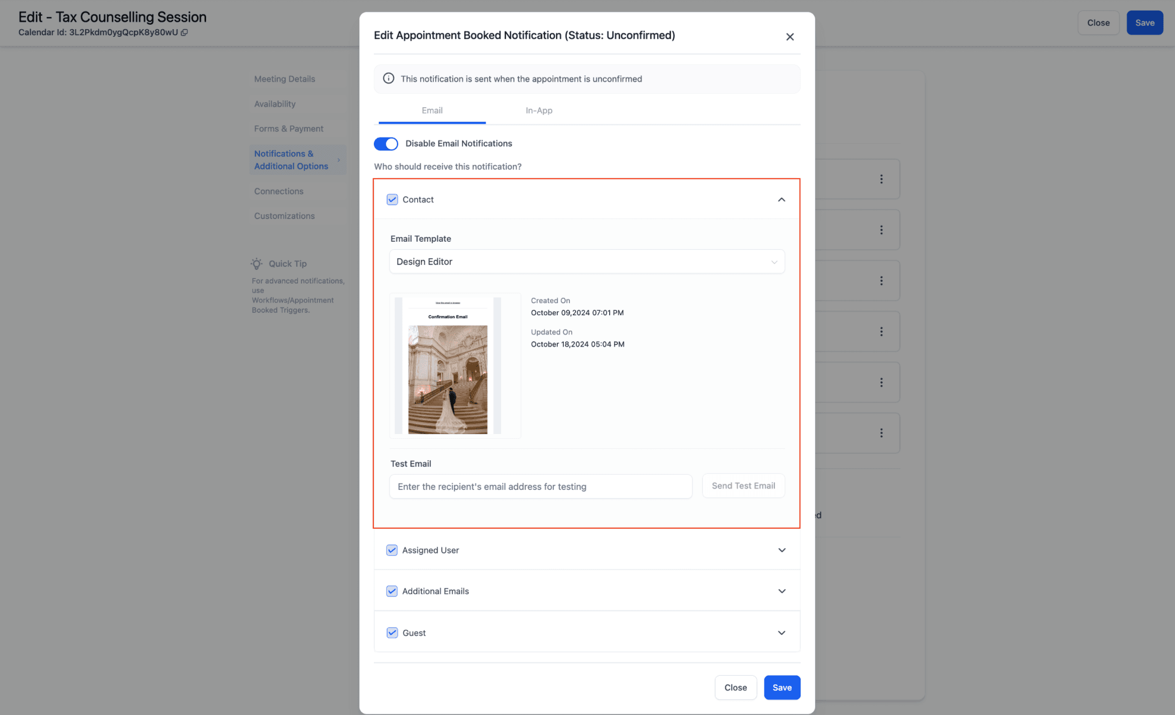 Schermata 5 — Calendario: Notifiche Appuntamenti via Email, In-App, SMS e WhatsApp