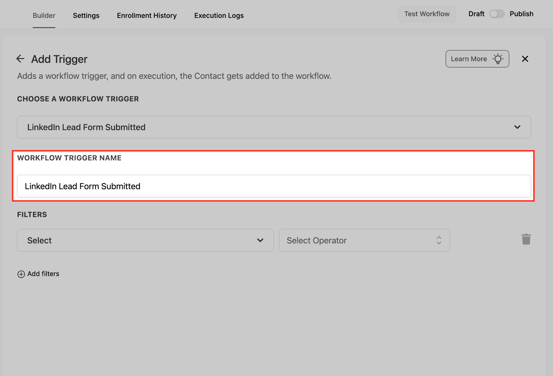 Schermata 4 — Workflow Trigger - LinkedIn Lead Form Submitted