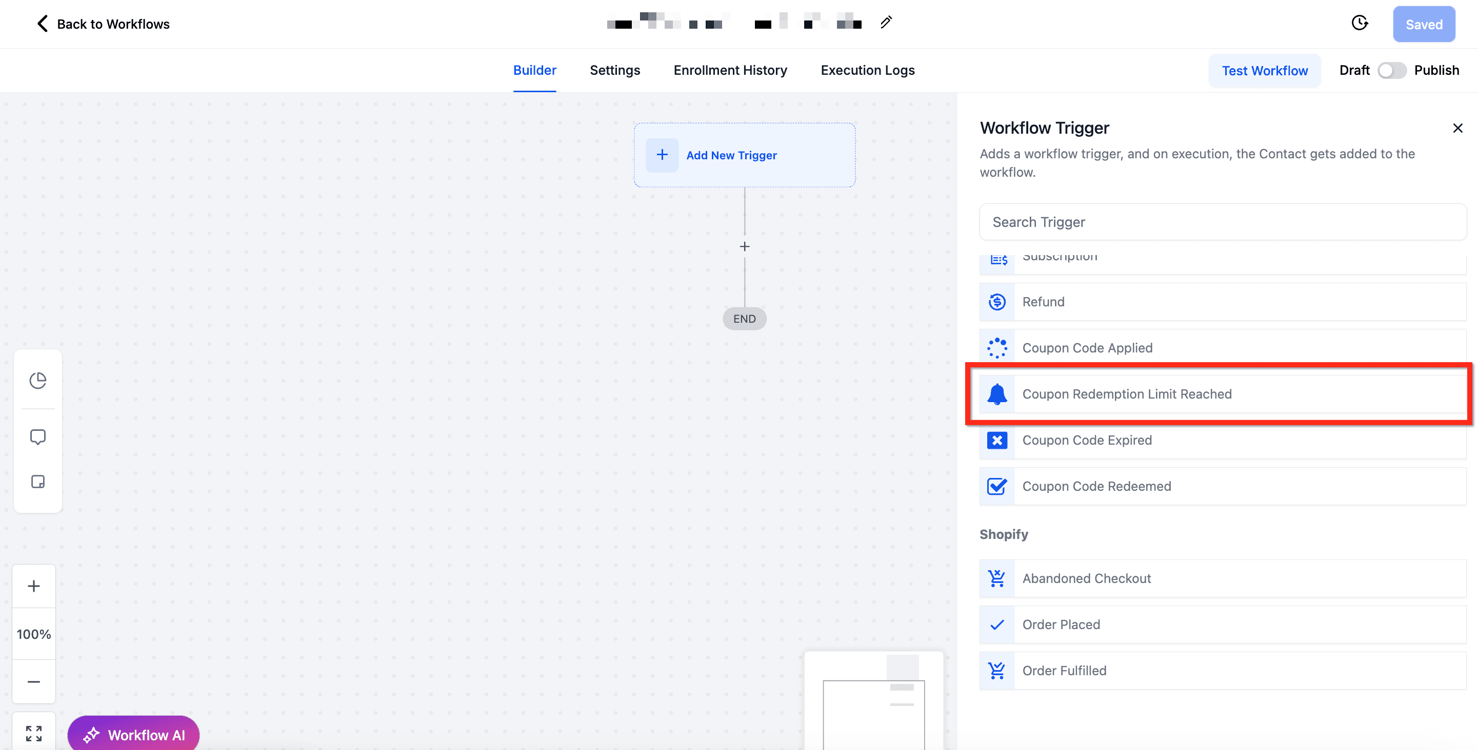 Schermata 2 — Workflow Trigger - Limite di Riscatto Coupon Raggiunto
