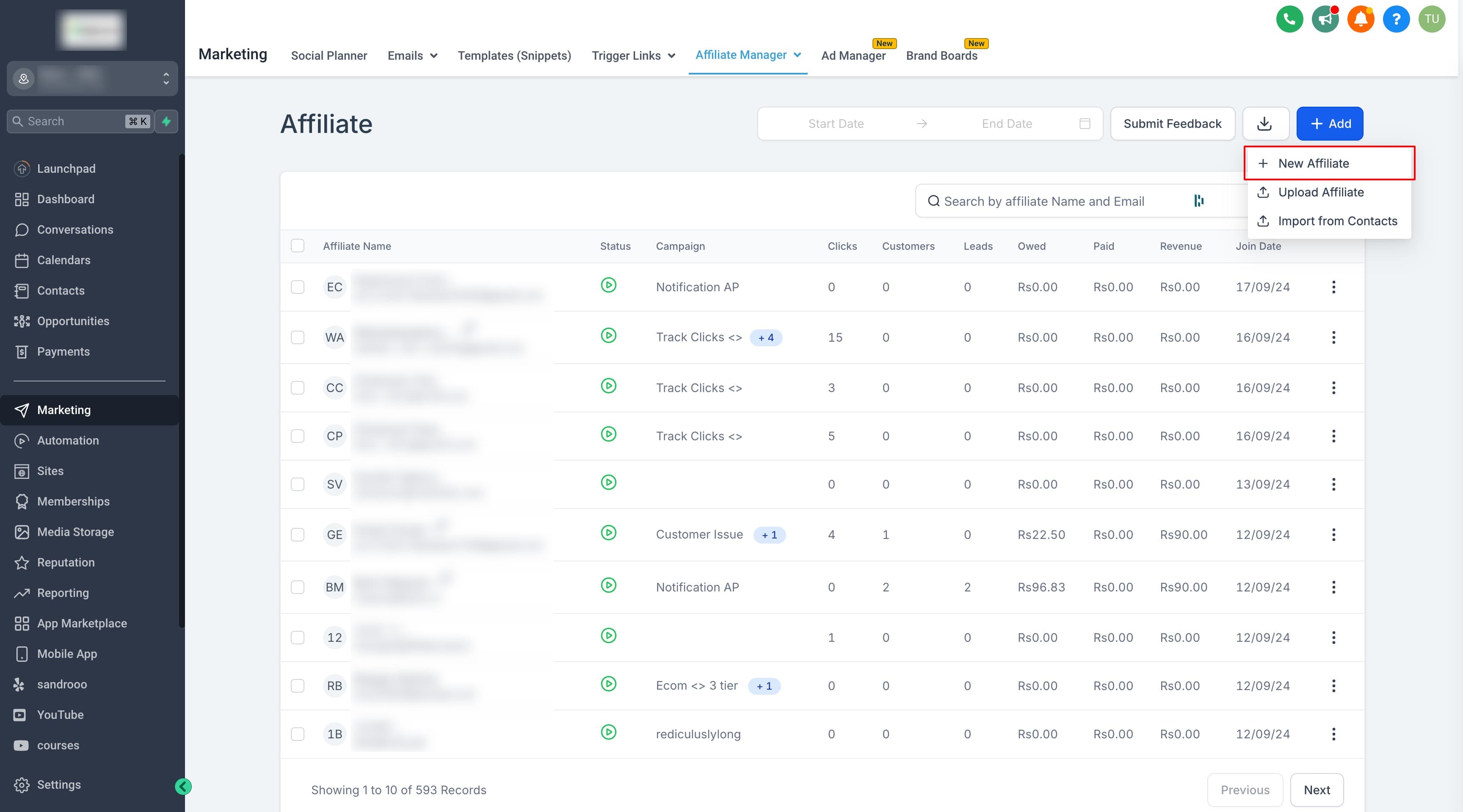 Schermata 4 — Come aggiungere affiliati nell'Affiliate Manager