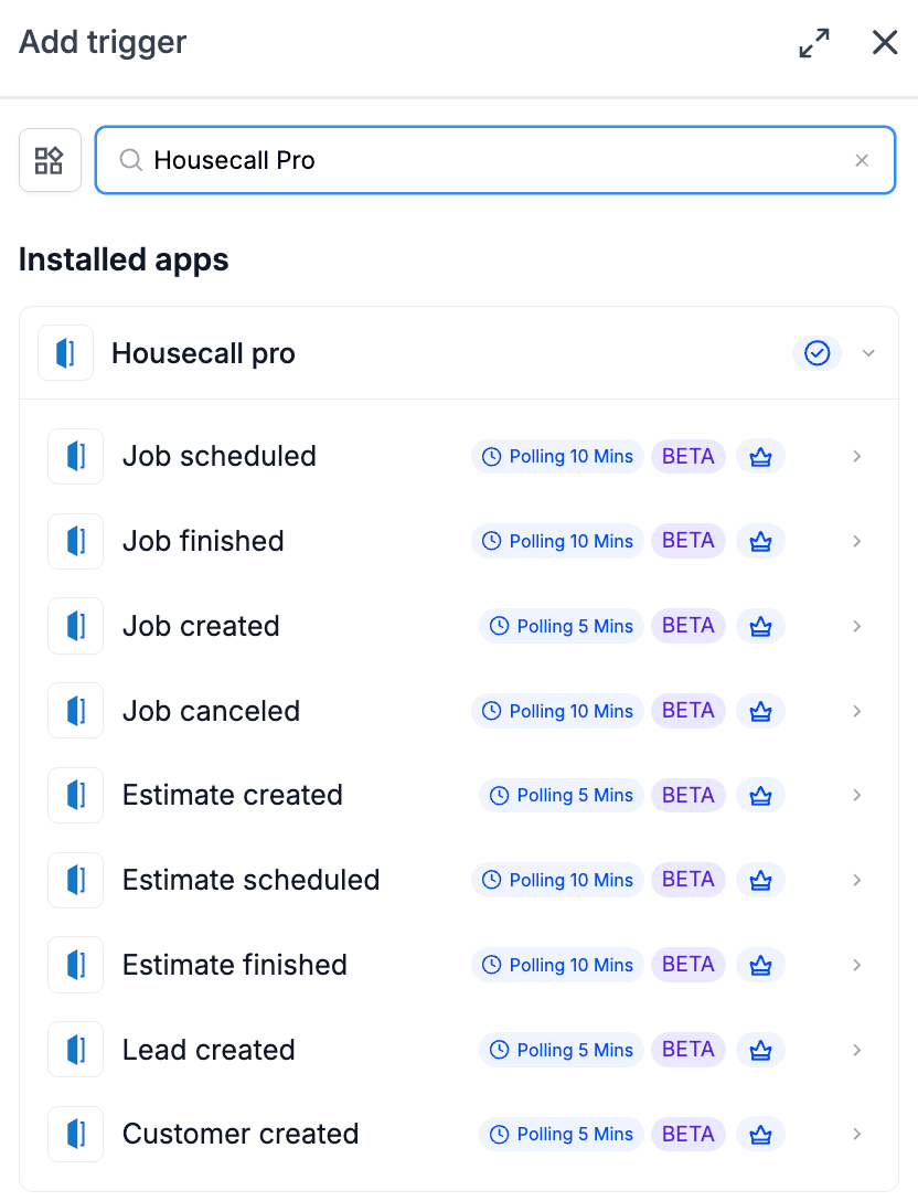 Schermata 3 — Housecall Pro - Azioni e Trigger del Workflow