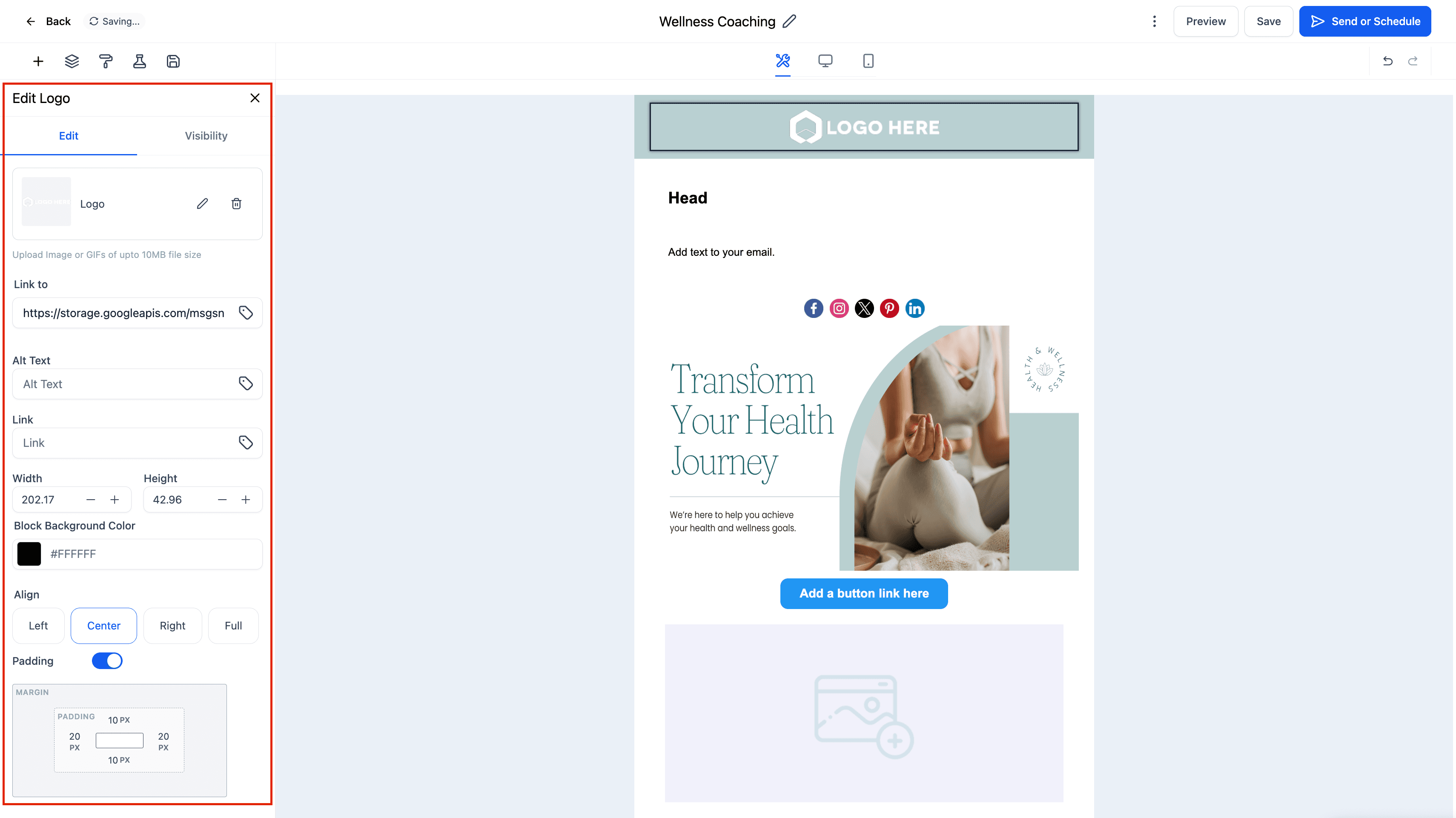 Schermata 4 — Elemento Logo nell'Email Builder