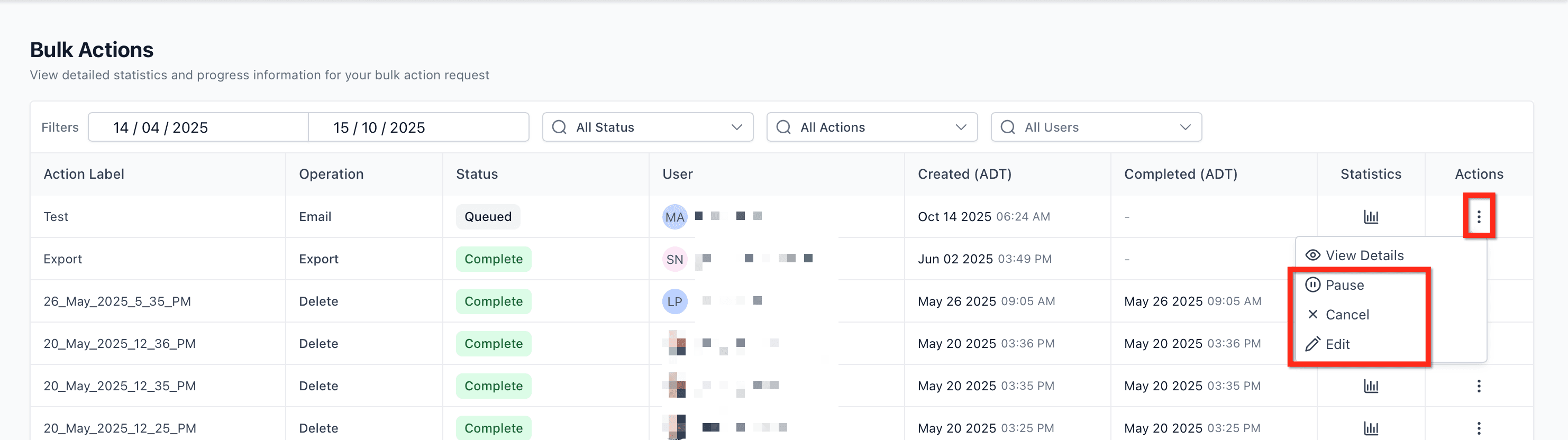 Schermata 4 — Azioni Massive per Contatti e SmartList