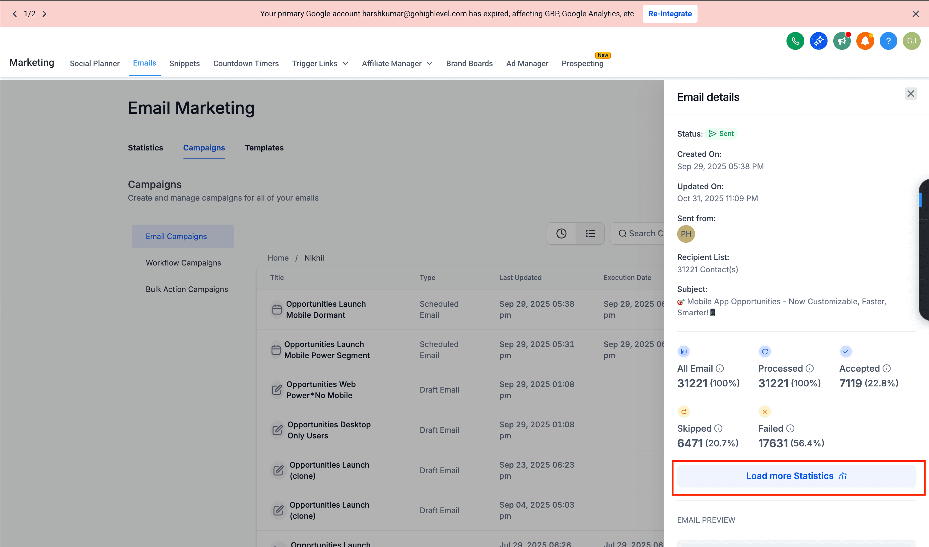 Schermata 4 — Performance dei Click nelle Statistiche Email