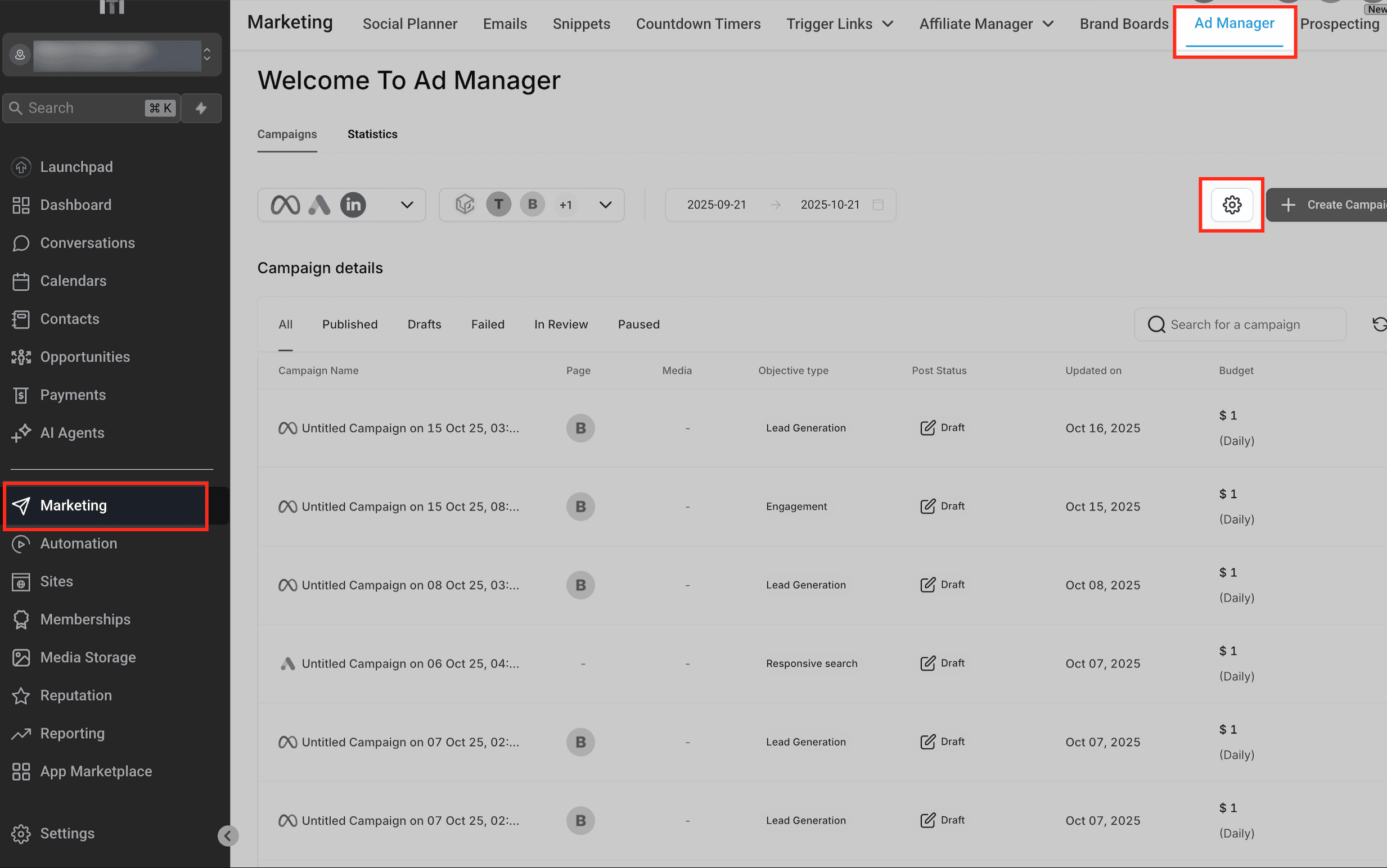 Schermata 2 — Creare e gestire annunci LinkedIn in HITLEAD Ad Manager