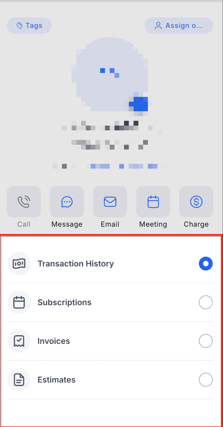 Schermata 5 — Tab Pagamenti in Contatti e Opportunità su Mobile