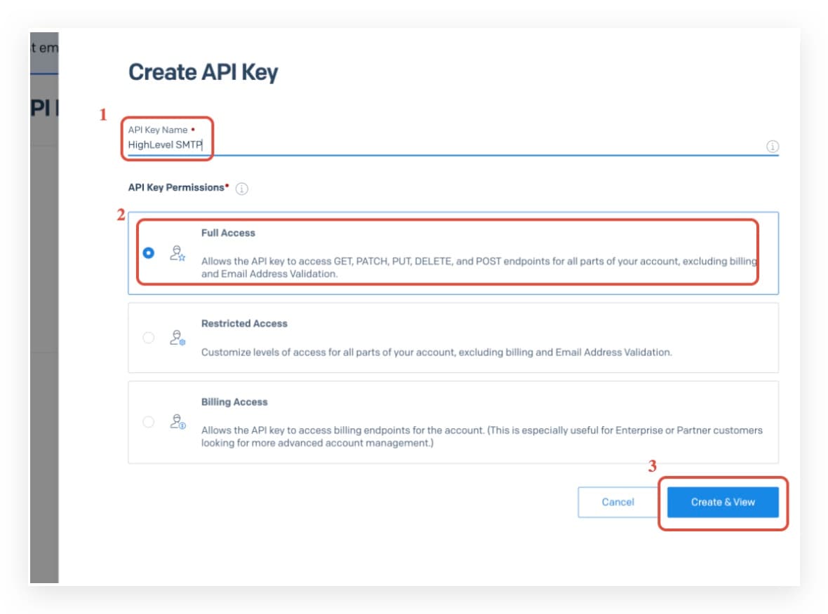 Inserimento del nome della API key con permessi Full Access selezionati