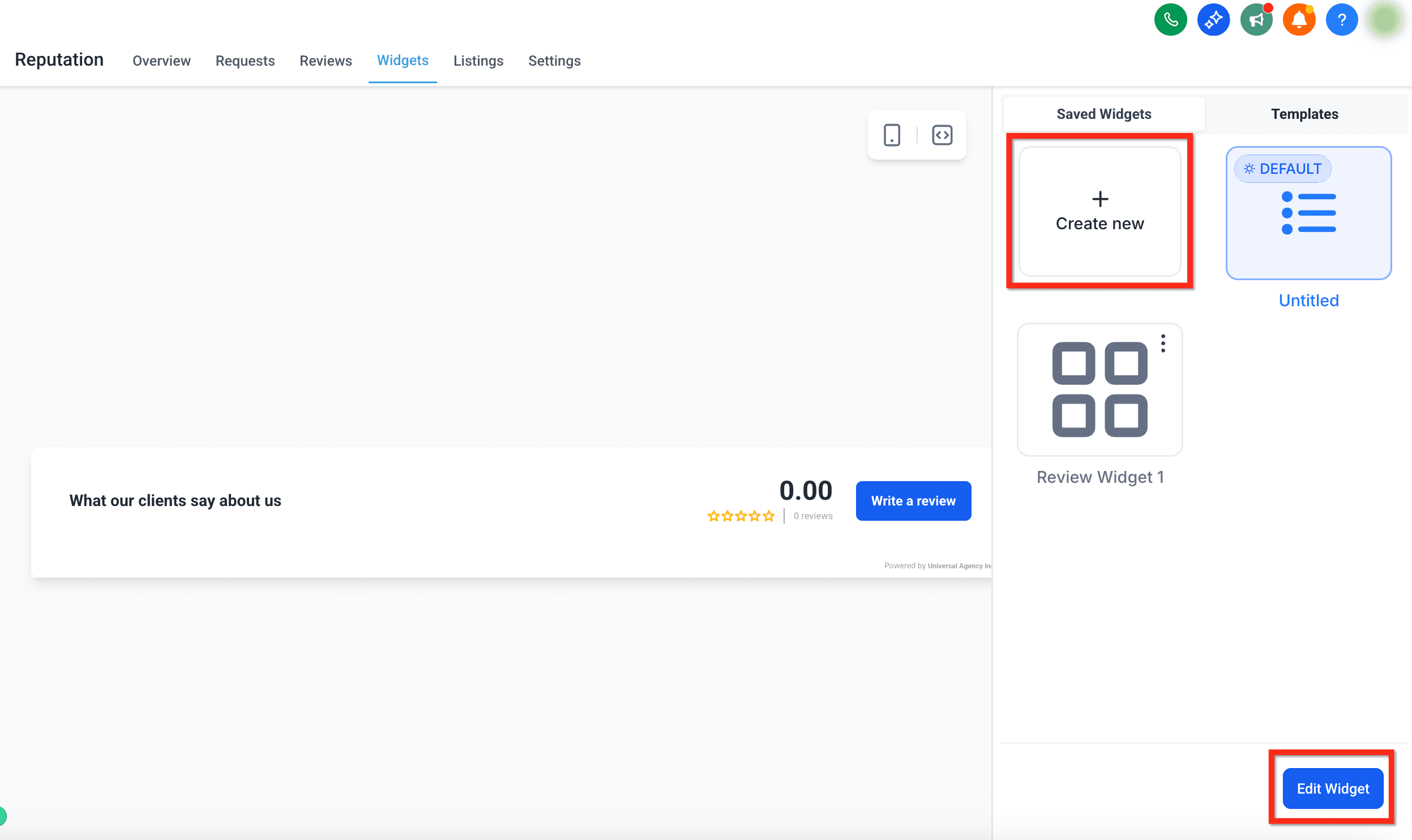 Schermata 2 — Personalizzare i Widget Recensioni nella Reputazione