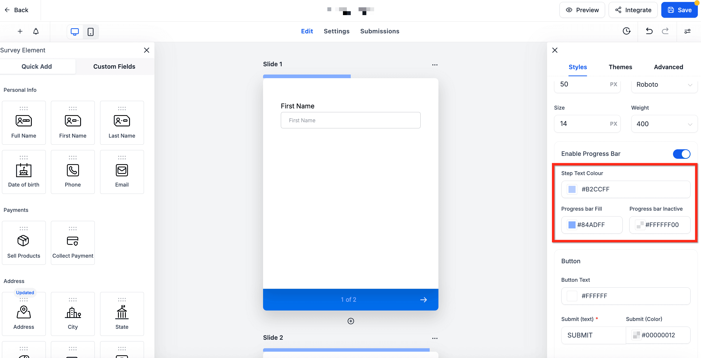 Schermata 6 — Barra di avanzamento per Survey e Quiz su mobile