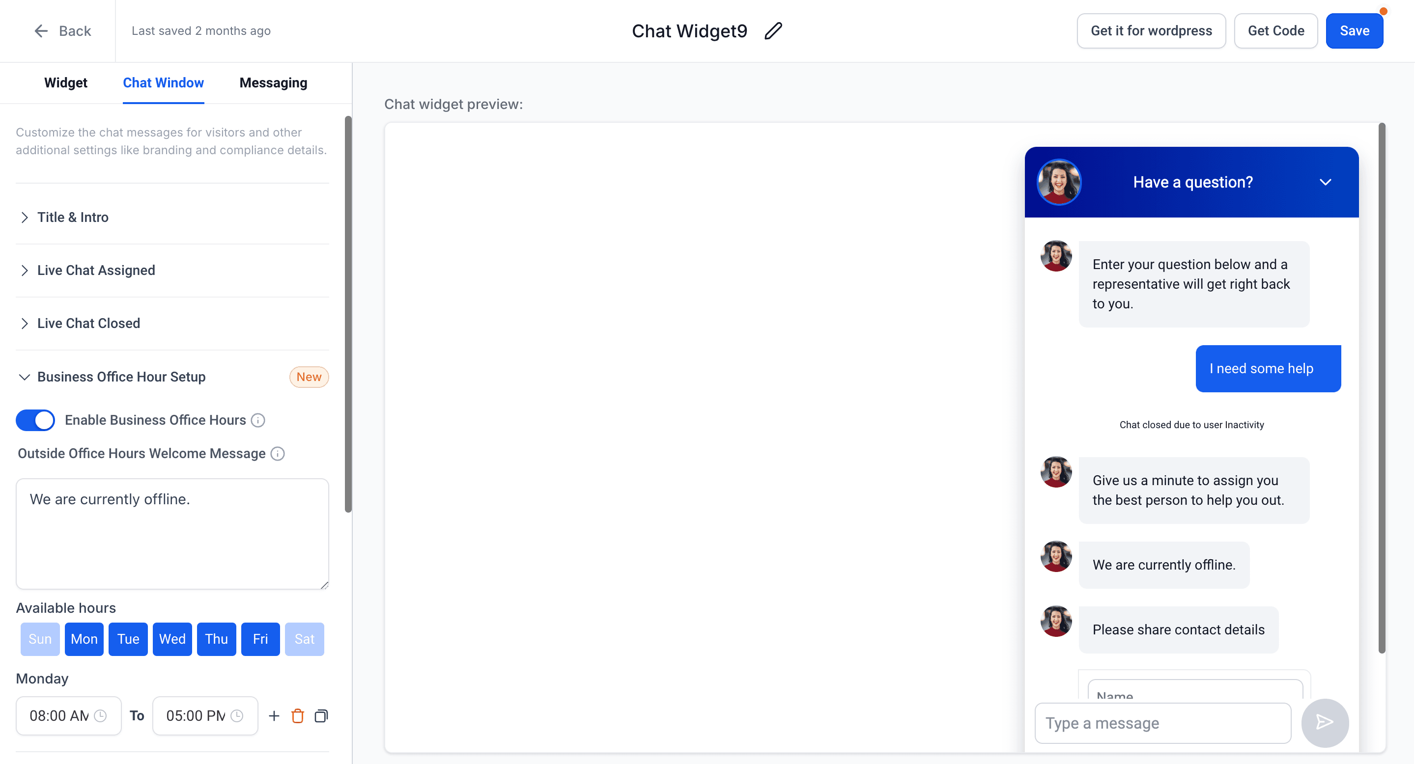 Schermata 3 — Guida introduttiva al Chat Widget