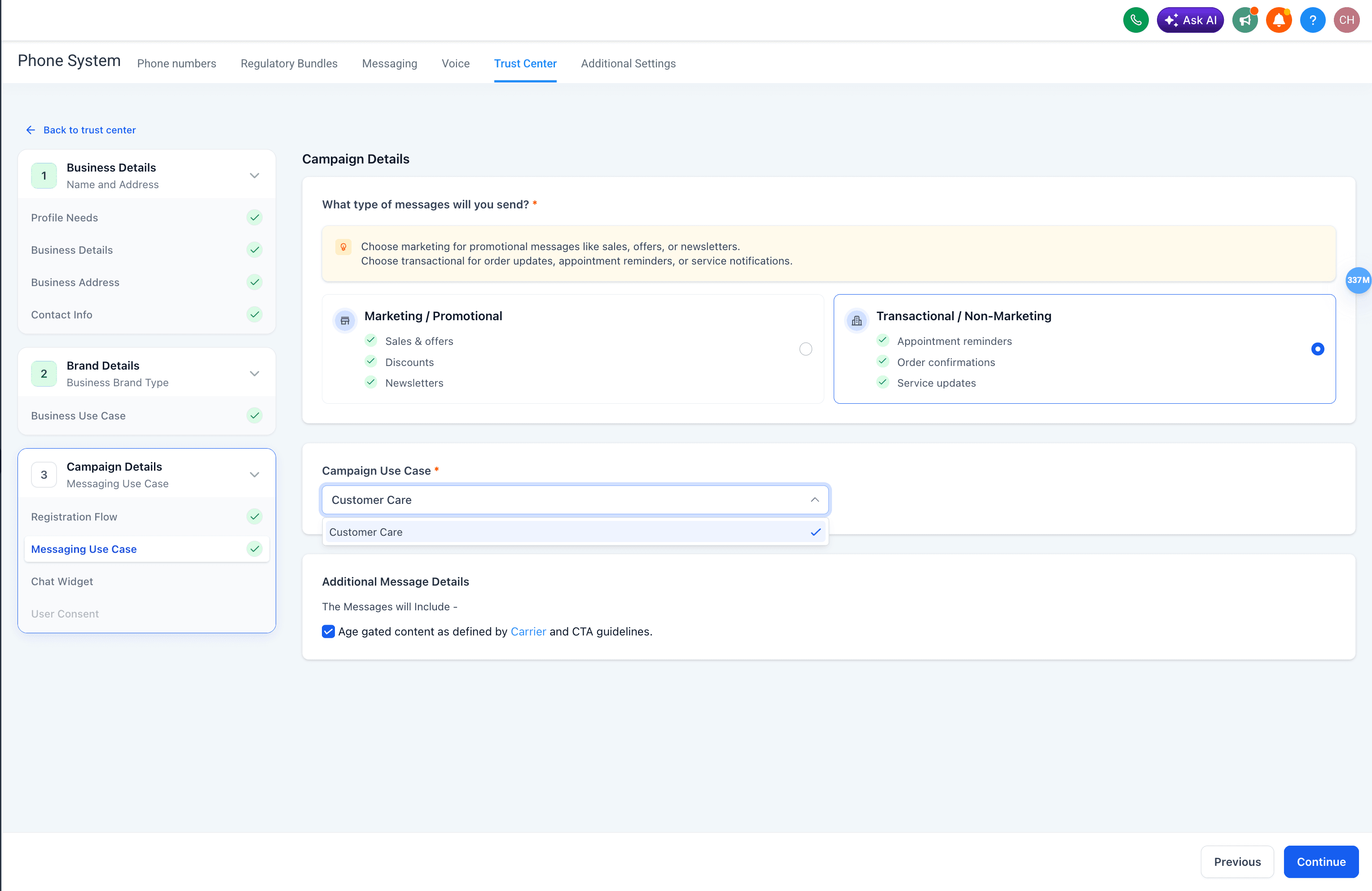 Schermata 6 — Flusso di Registrazione Campaign A2P Pre-Configurata (Widget-First)