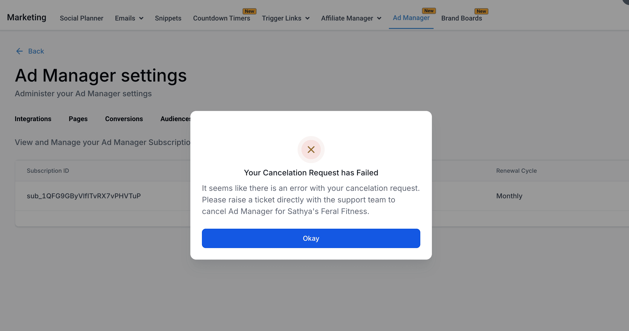 Schermata 8 — Come annullare l'abbonamento ad Ad Manager per un sub-account?