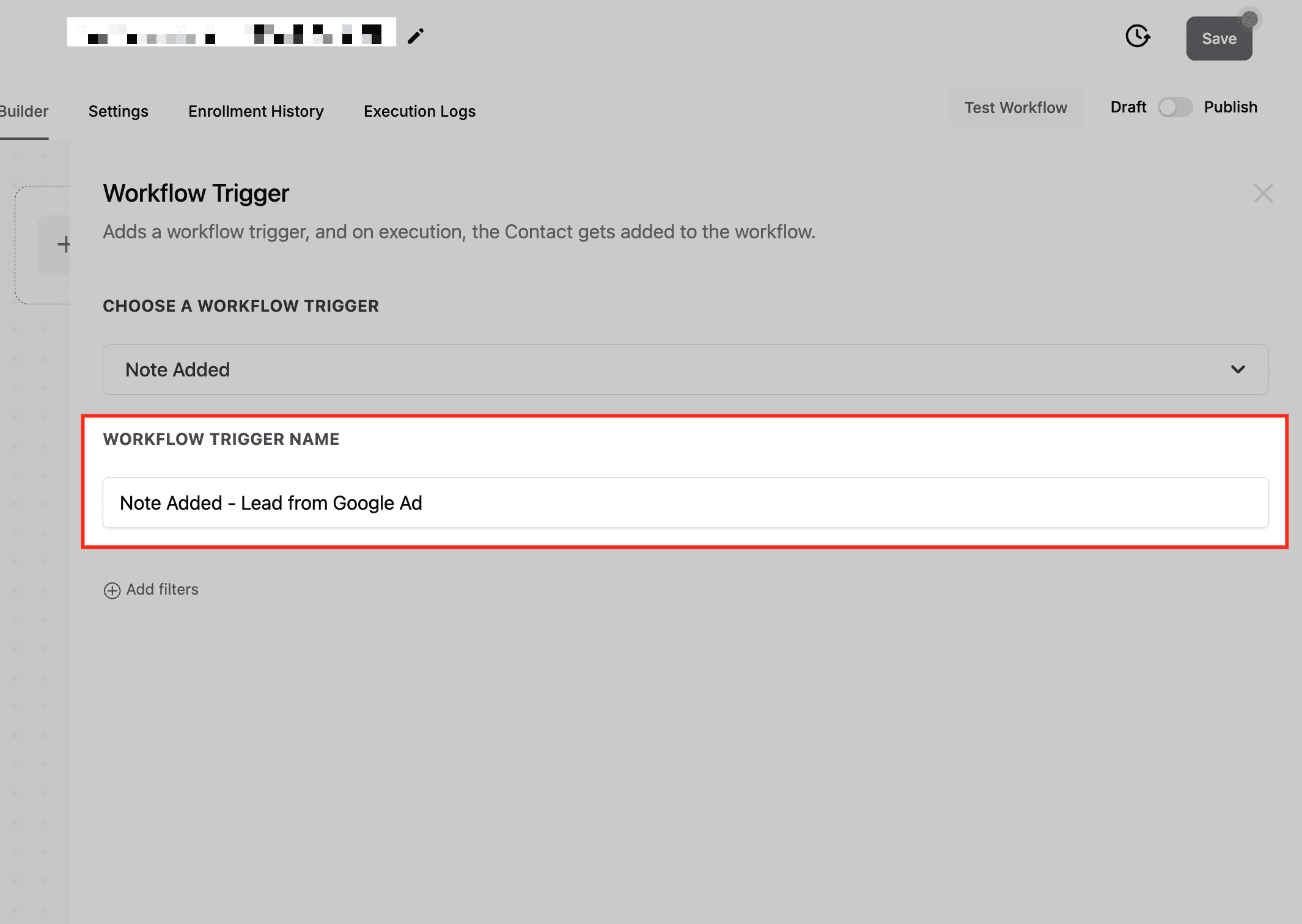 Schermata 2 — Workflow Trigger - Nota Aggiunta