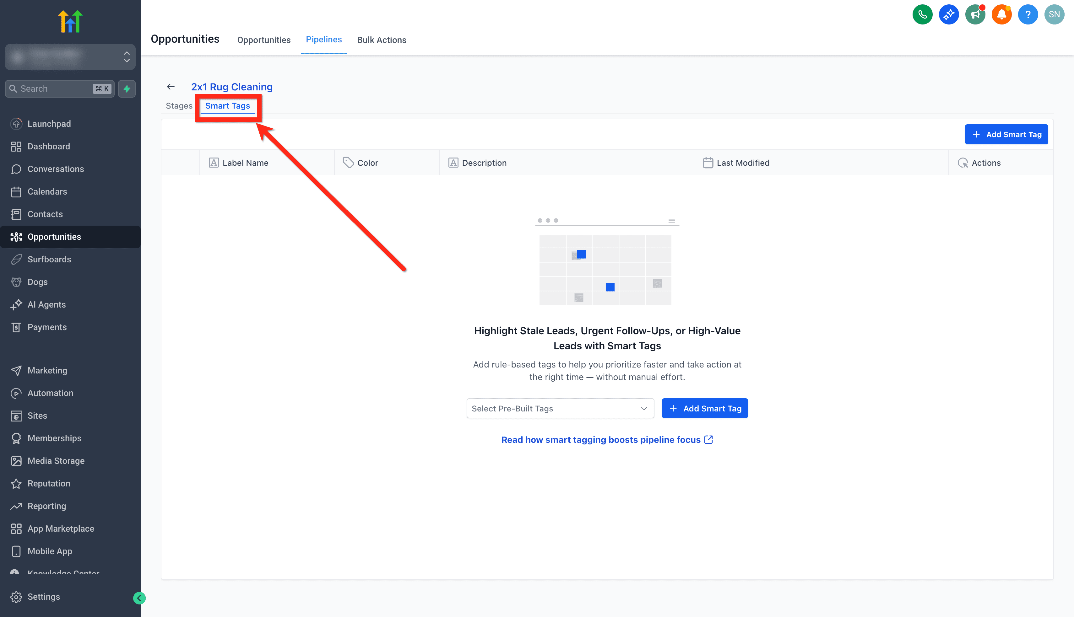 Schermata 3 — Come applicare colori alle Pipeline di Opportunità (Smart Tag)
