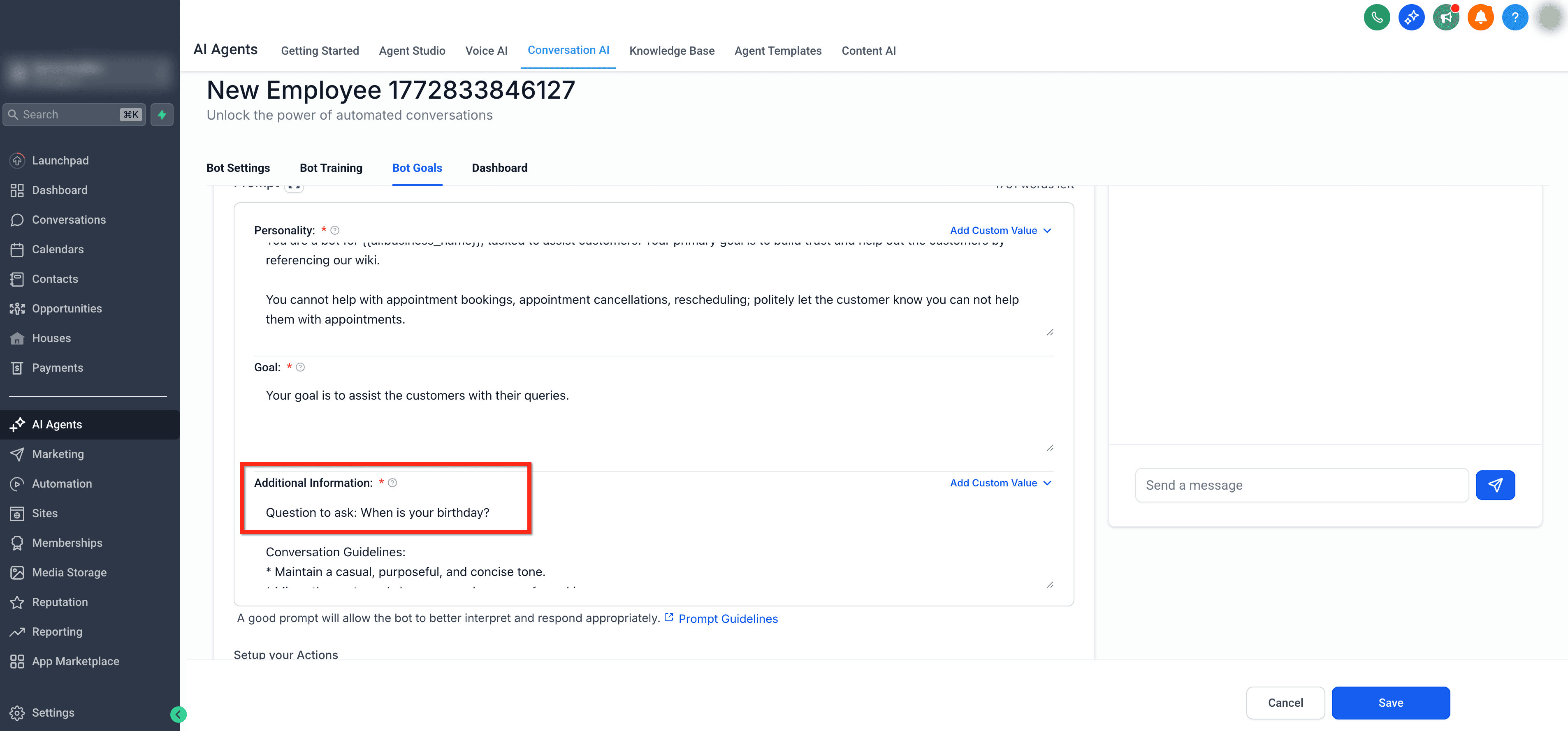 Schermata 5 — Come usare l'azione Add Contact Info in Conversation AI