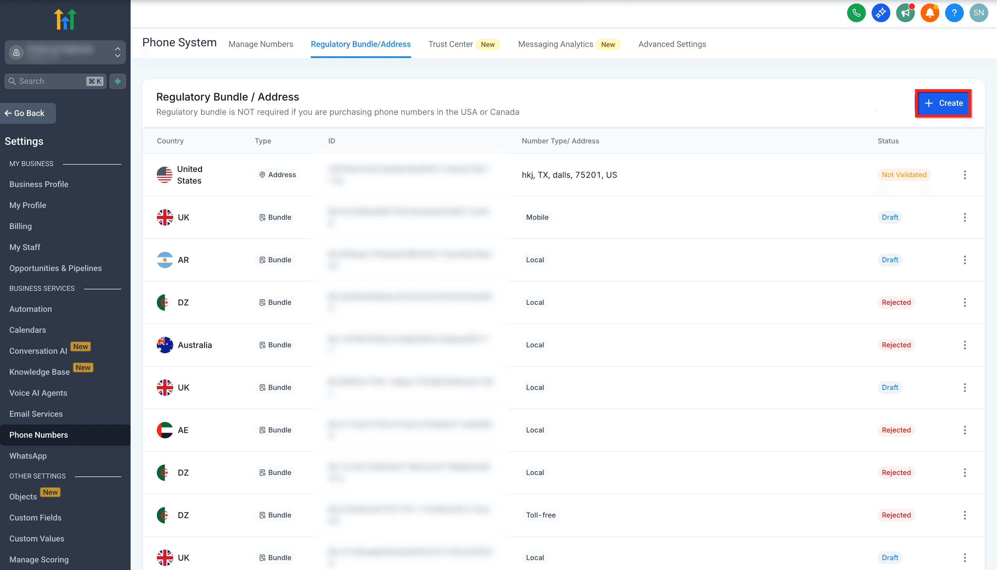 Schermata 3 — Creazione di Regulatory Bundle e Indirizzo per i Sub-Account