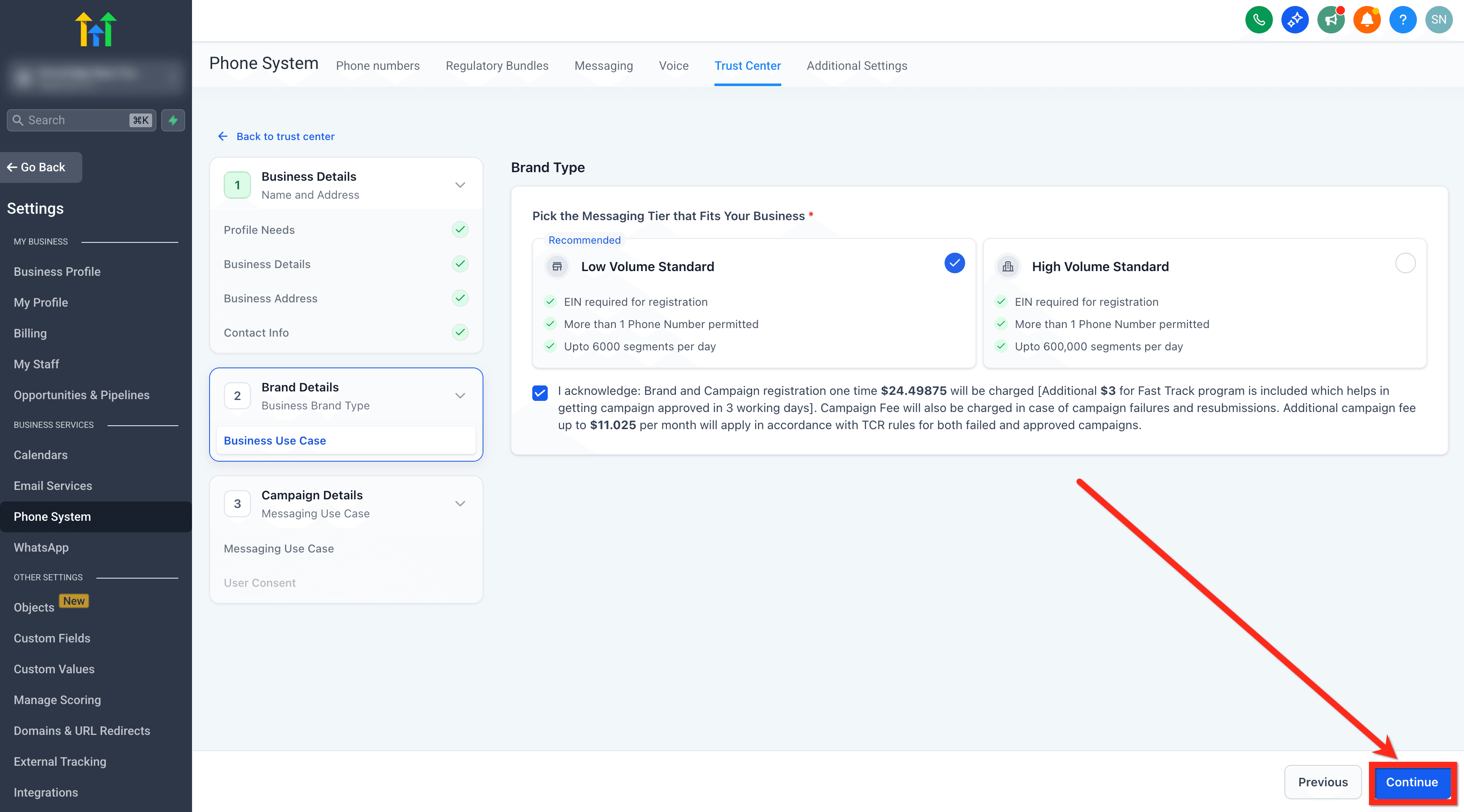 Schermata 14 — A2P - Registrazione Standard Brand per 10DLC