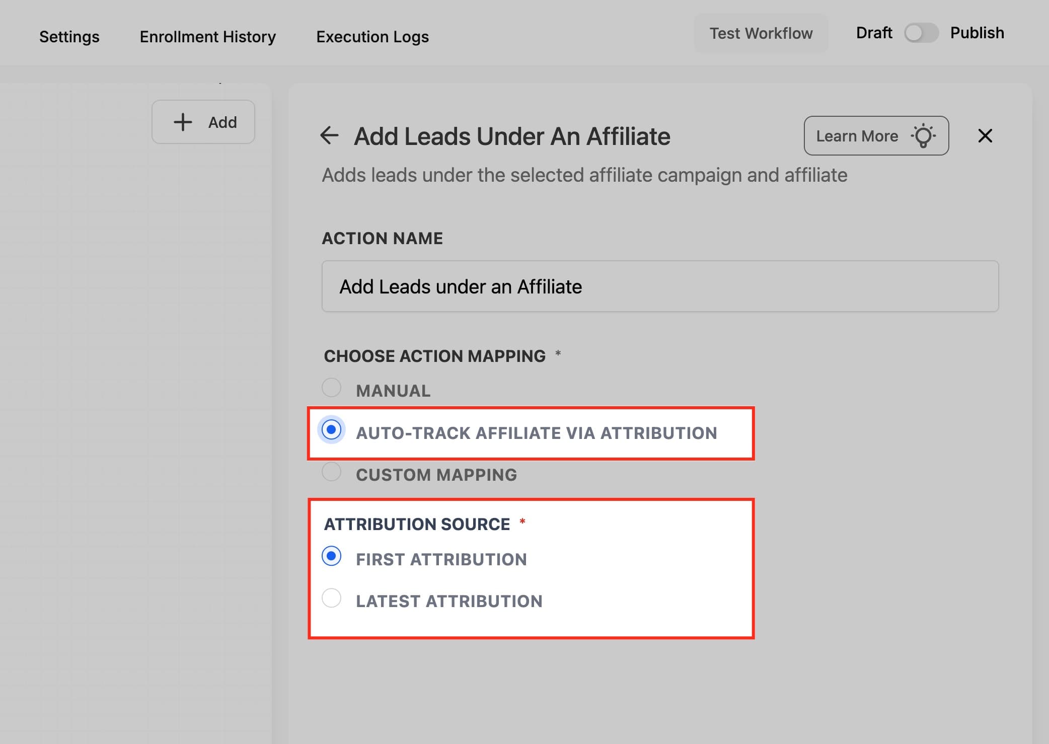 Schermata 5 — Azione Workflow - Aggiungi Lead sotto un Affiliato