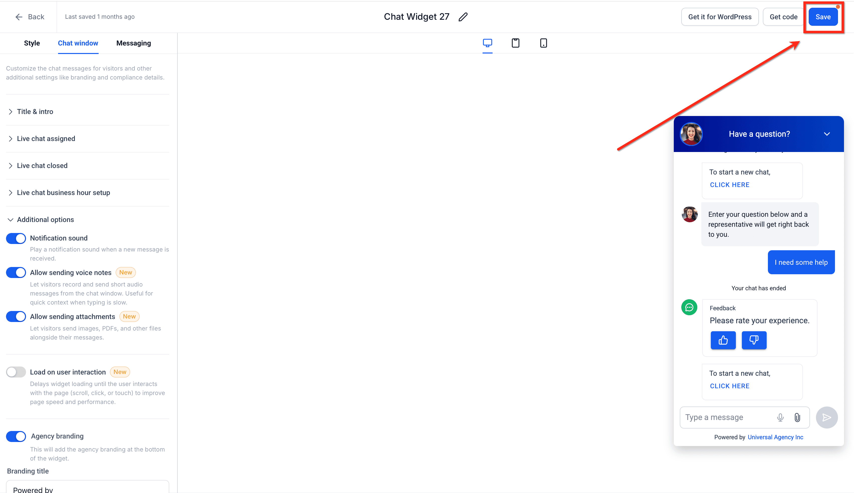 Schermata 5 — Come usare note vocali e allegati nei Chat Widget Live