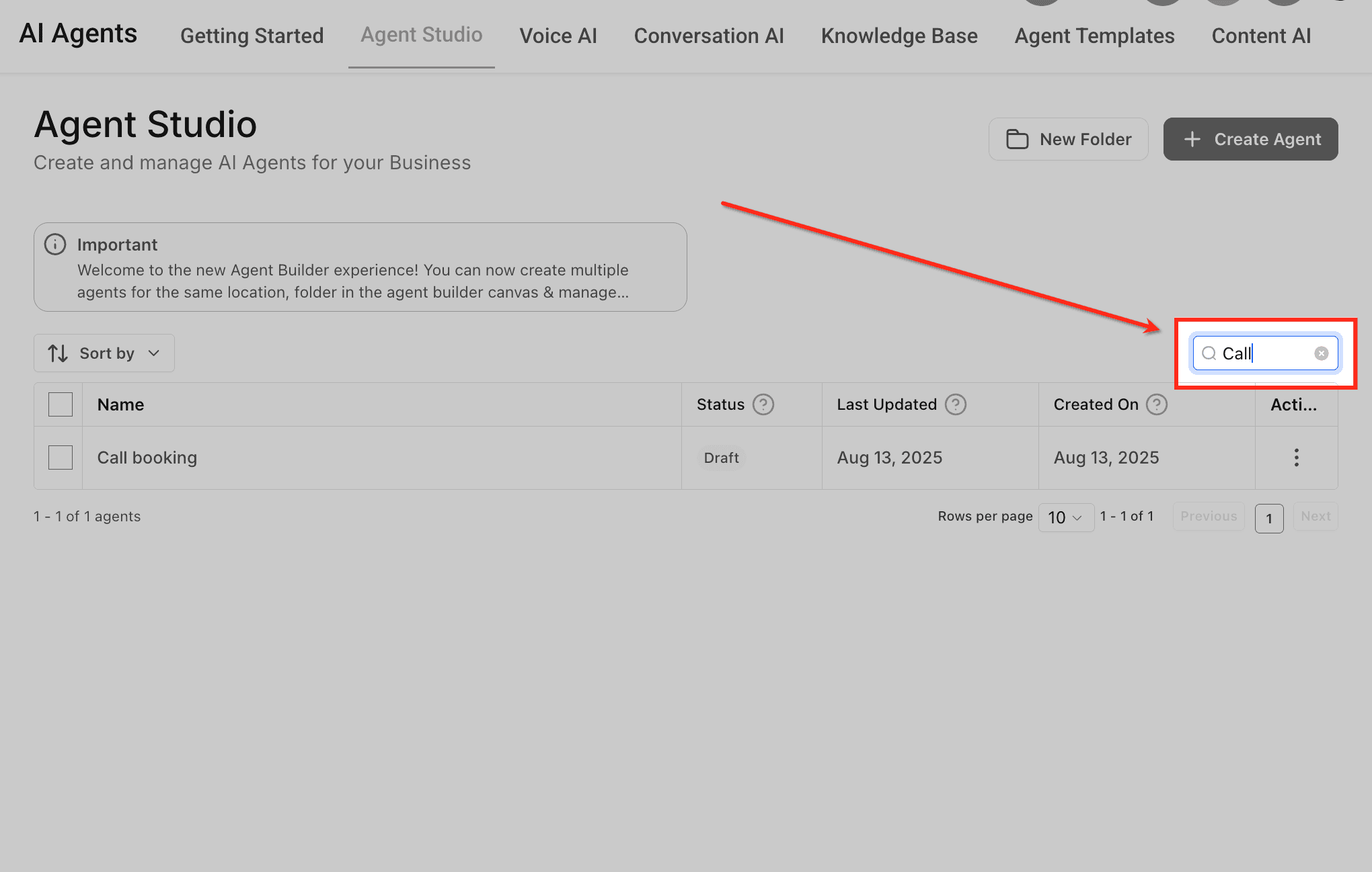 Schermata 4 — Come creare e gestire le cartelle in Agent Studio