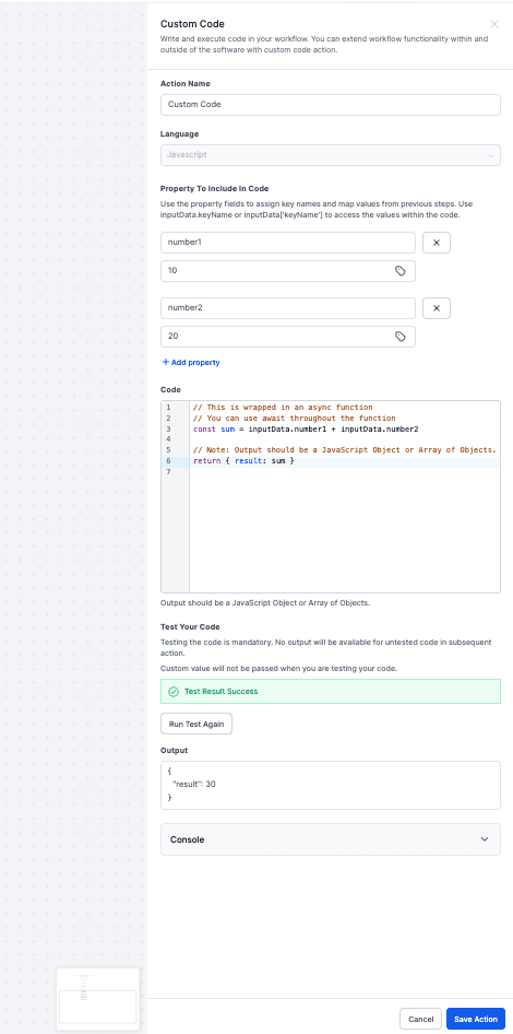 Schermata 15 — Azione Workflow - Custom Code