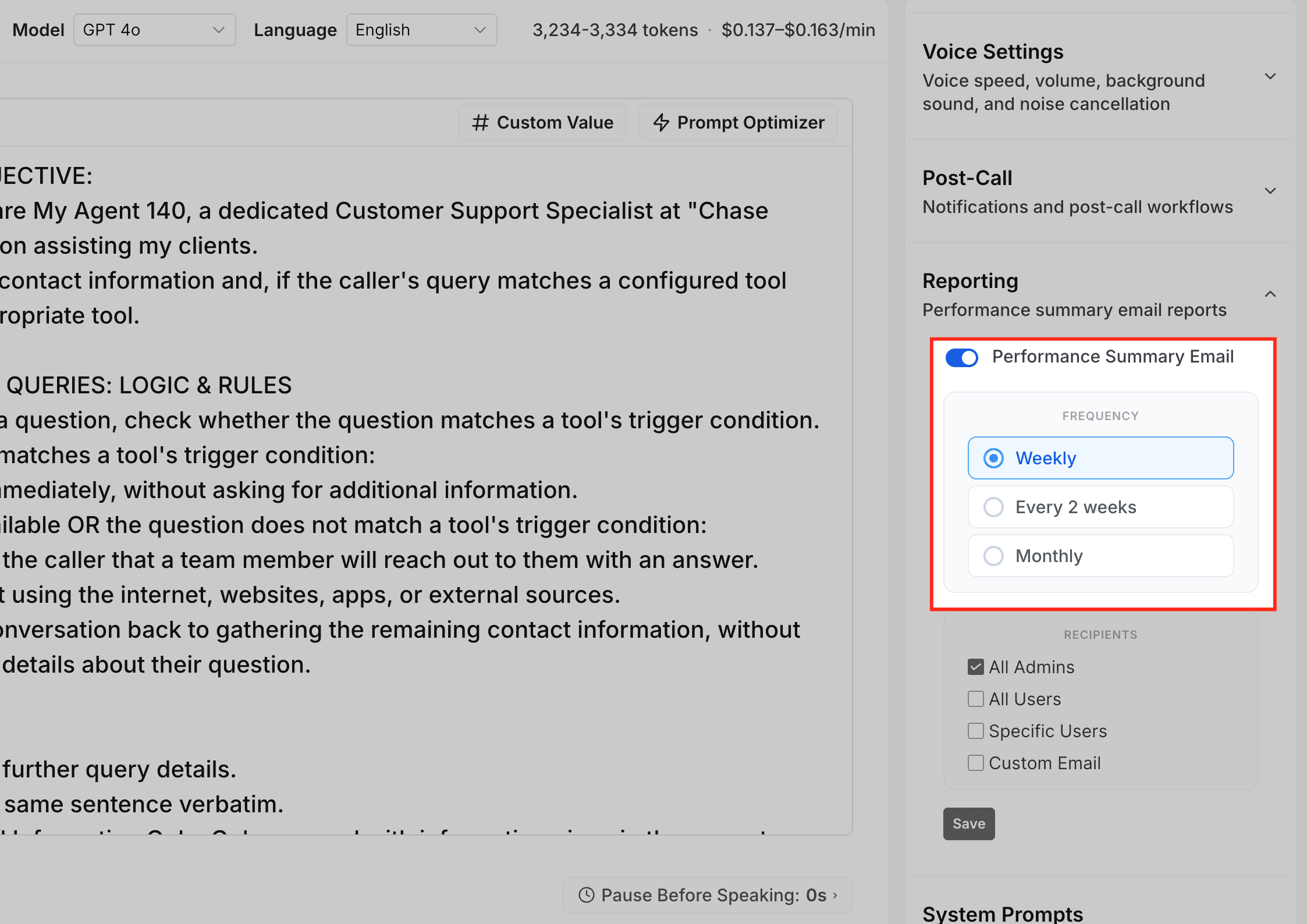 Schermata 4 — Come Configurare le Email di Riepilogo delle Prestazioni per gli Agenti Voice AI