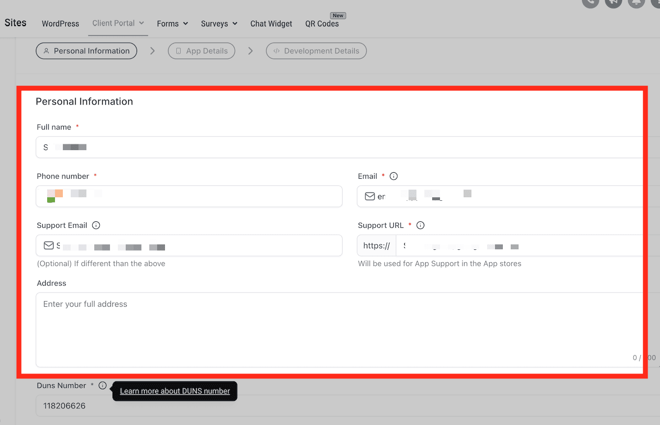 Schermata 1 — Branded Mobile App Builder: Form in-app e personalizzazione