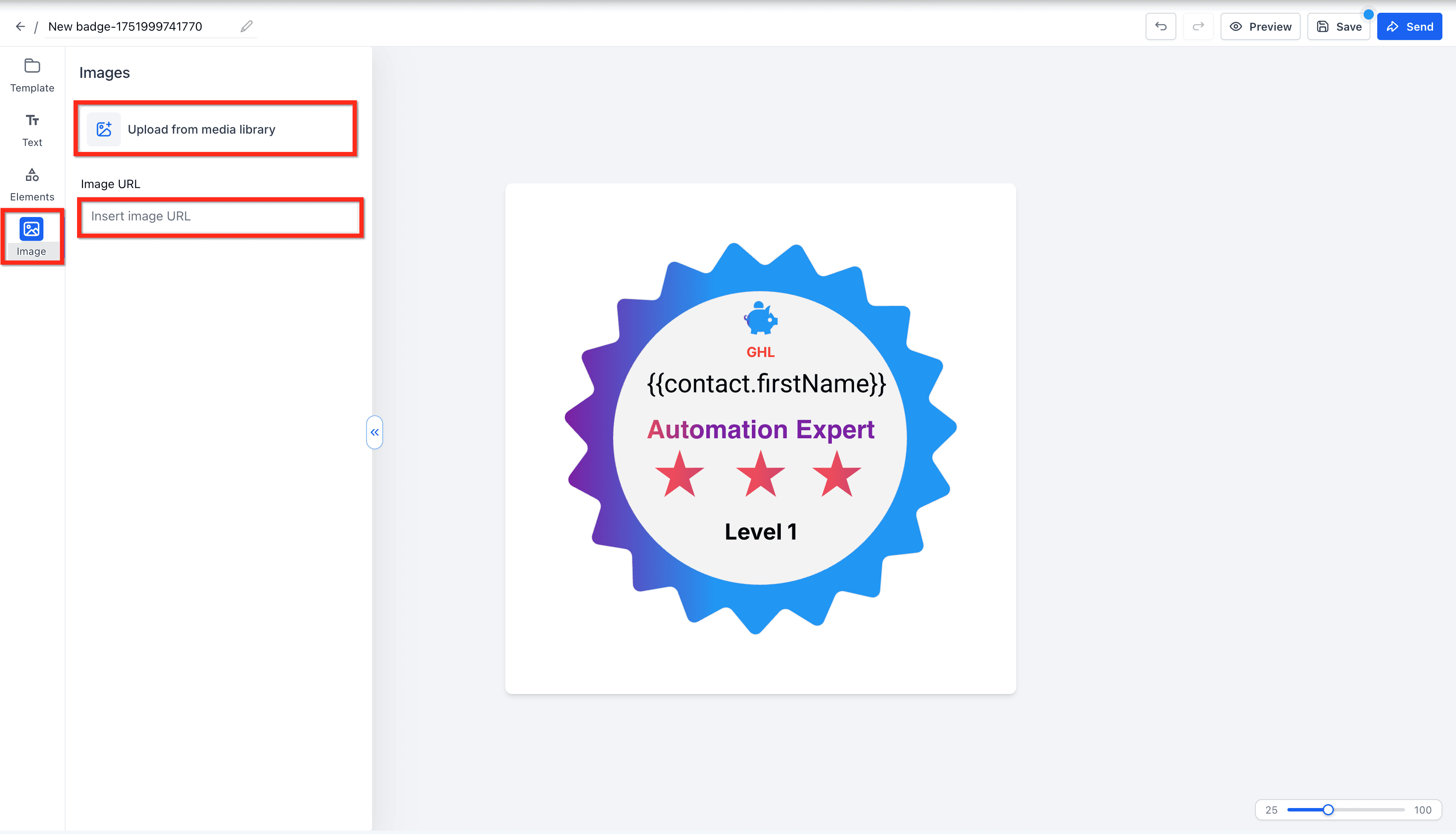 Schermata 7 — Come usare i Badge nel Certificate Builder