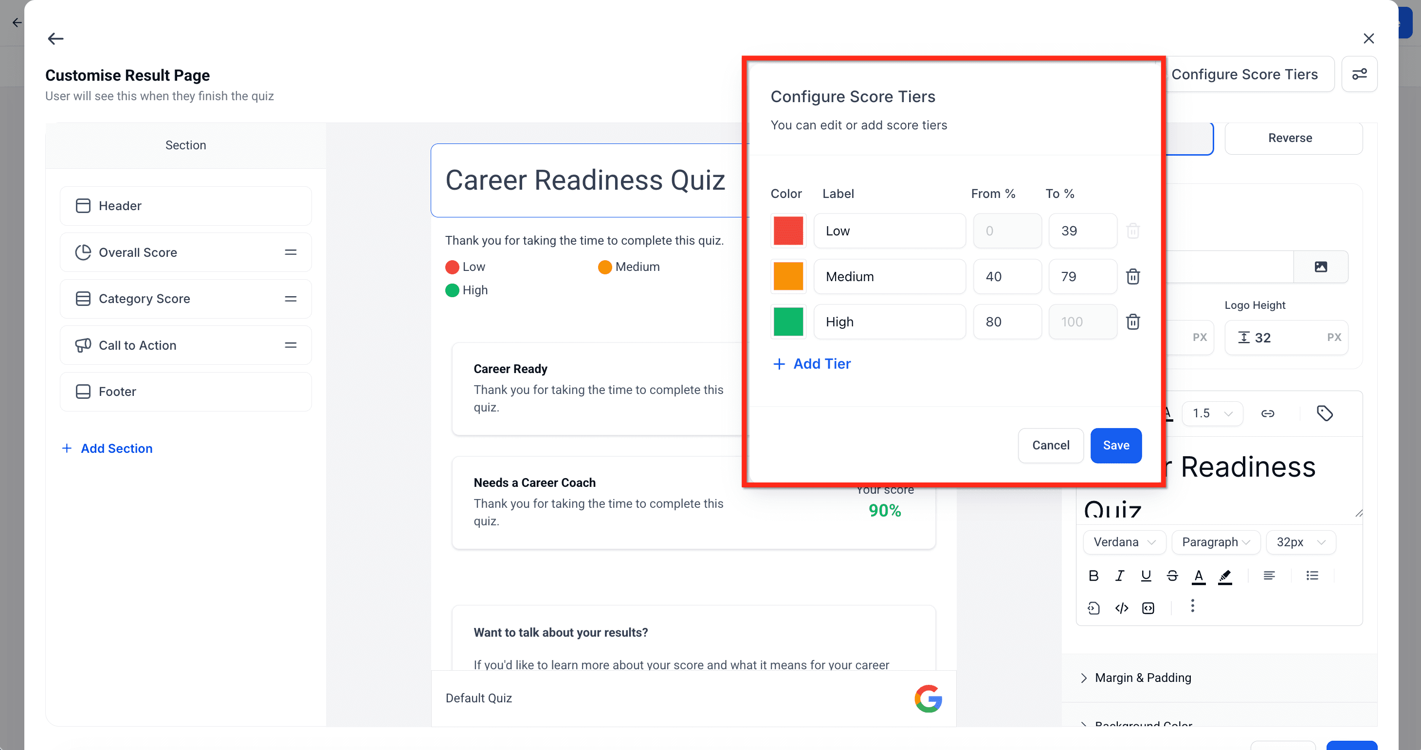 Schermata 7 — Guida al Quiz Builder