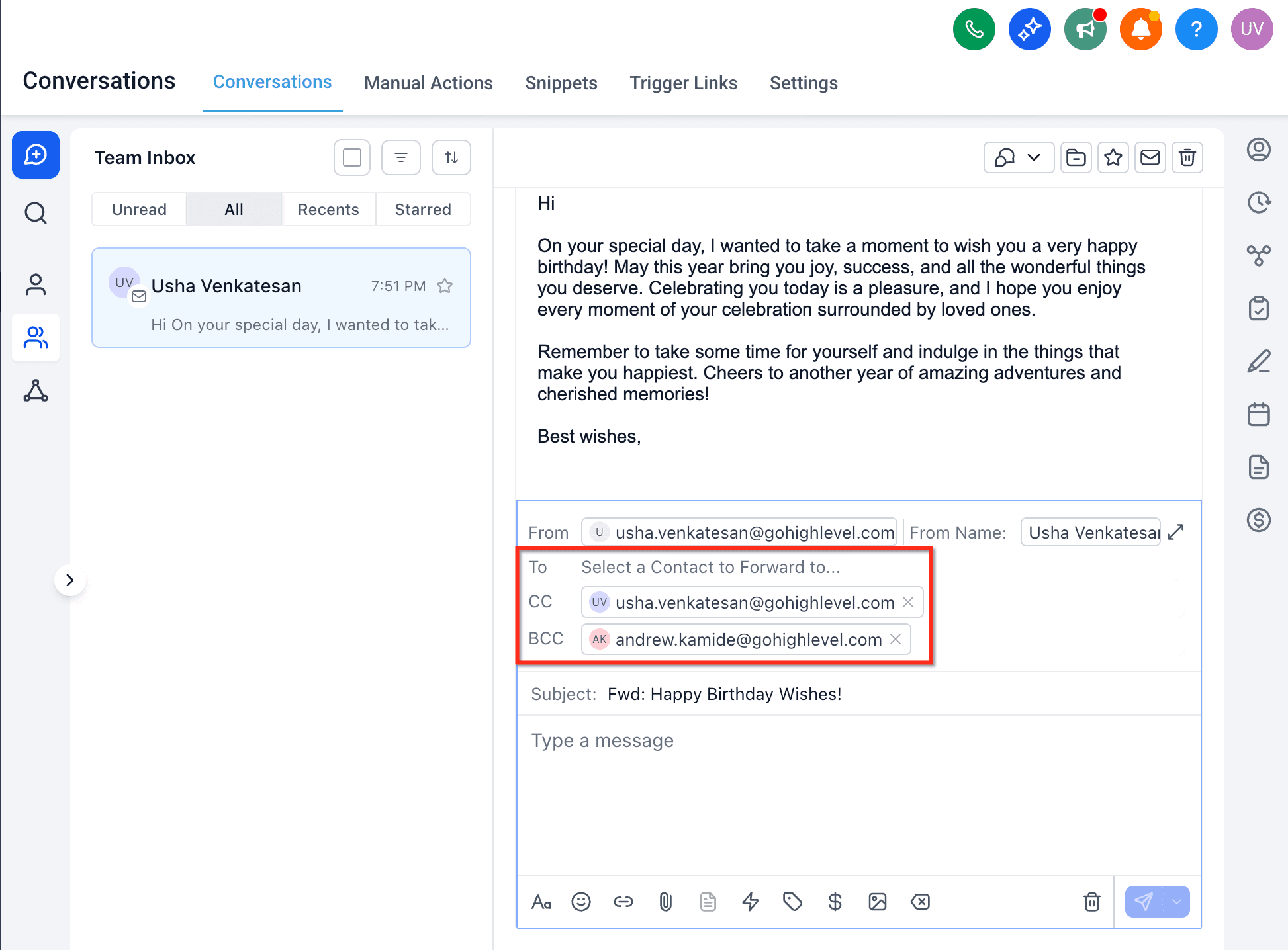 Schermata 3 — Inoltra Email dalle Conversazioni in HITLEAD