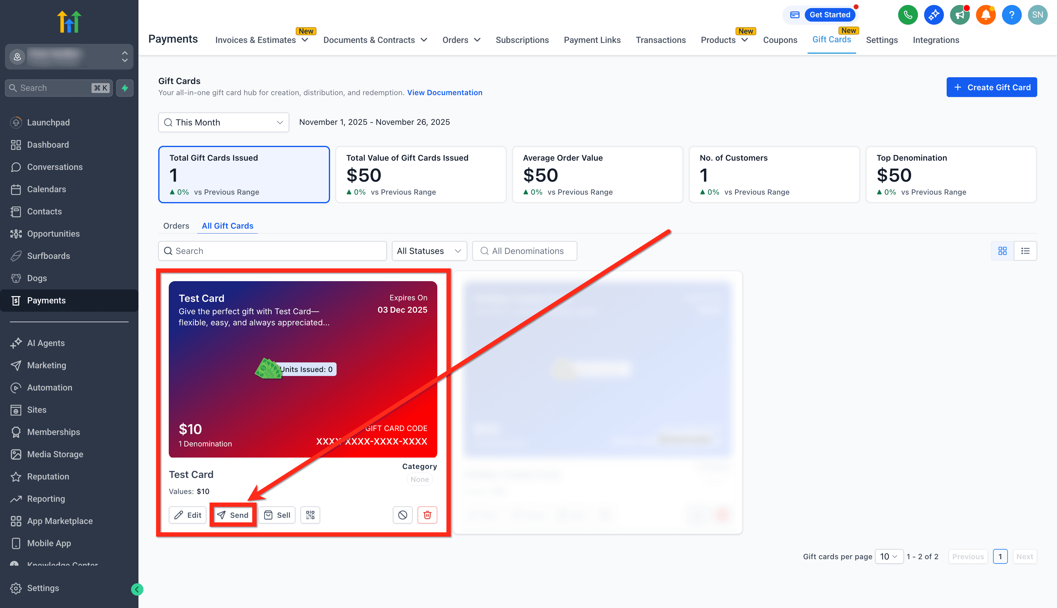 Schermata 3 — Come inviare Gift Card
