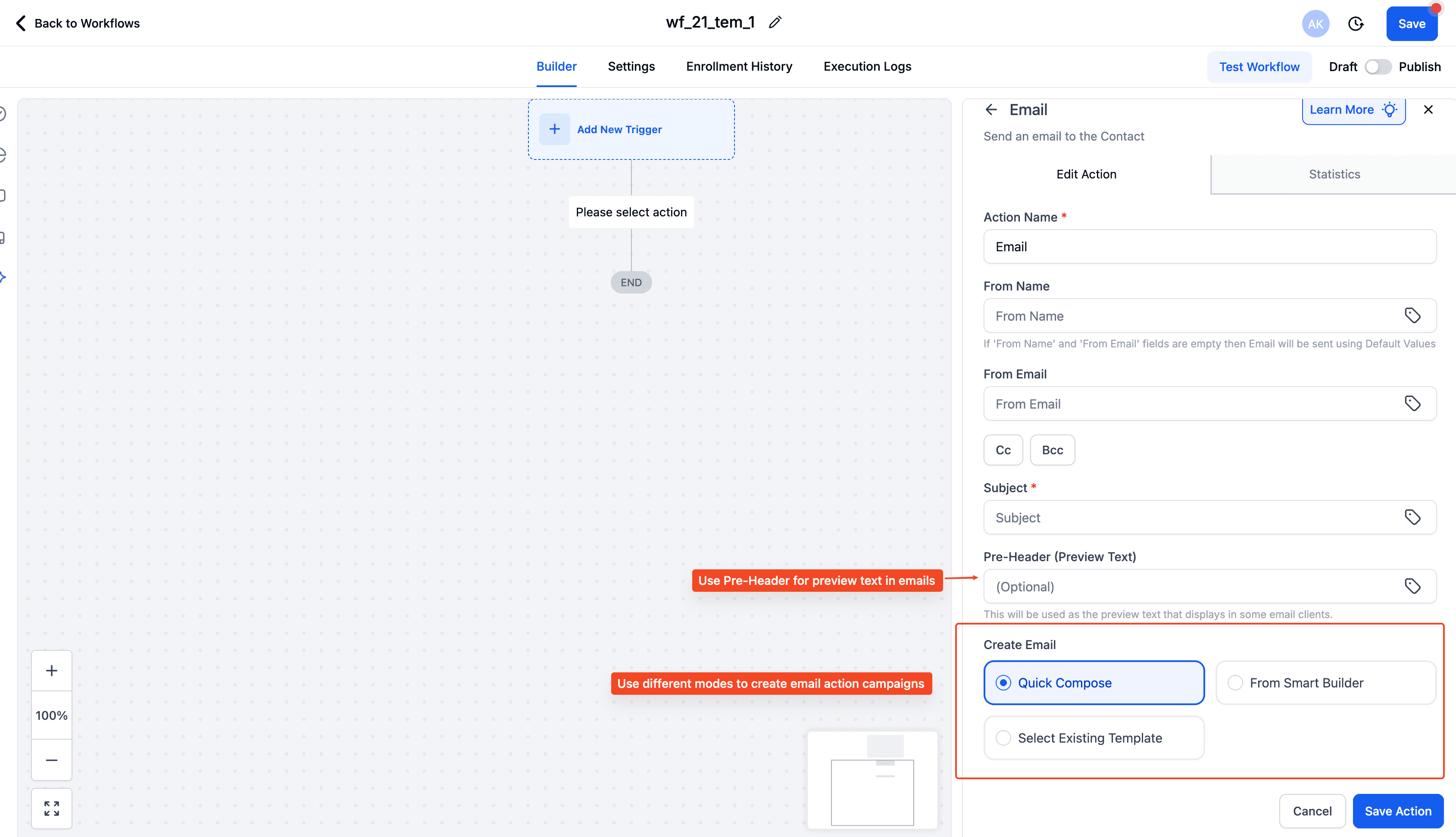 Schermata 4 — Gestione dei Template Email negli Step del Workflow