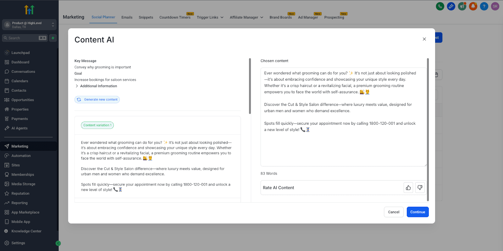 Schermata 2 — Content AI: Domande Guidate per la Creazione di Contenuti nel Social Planner